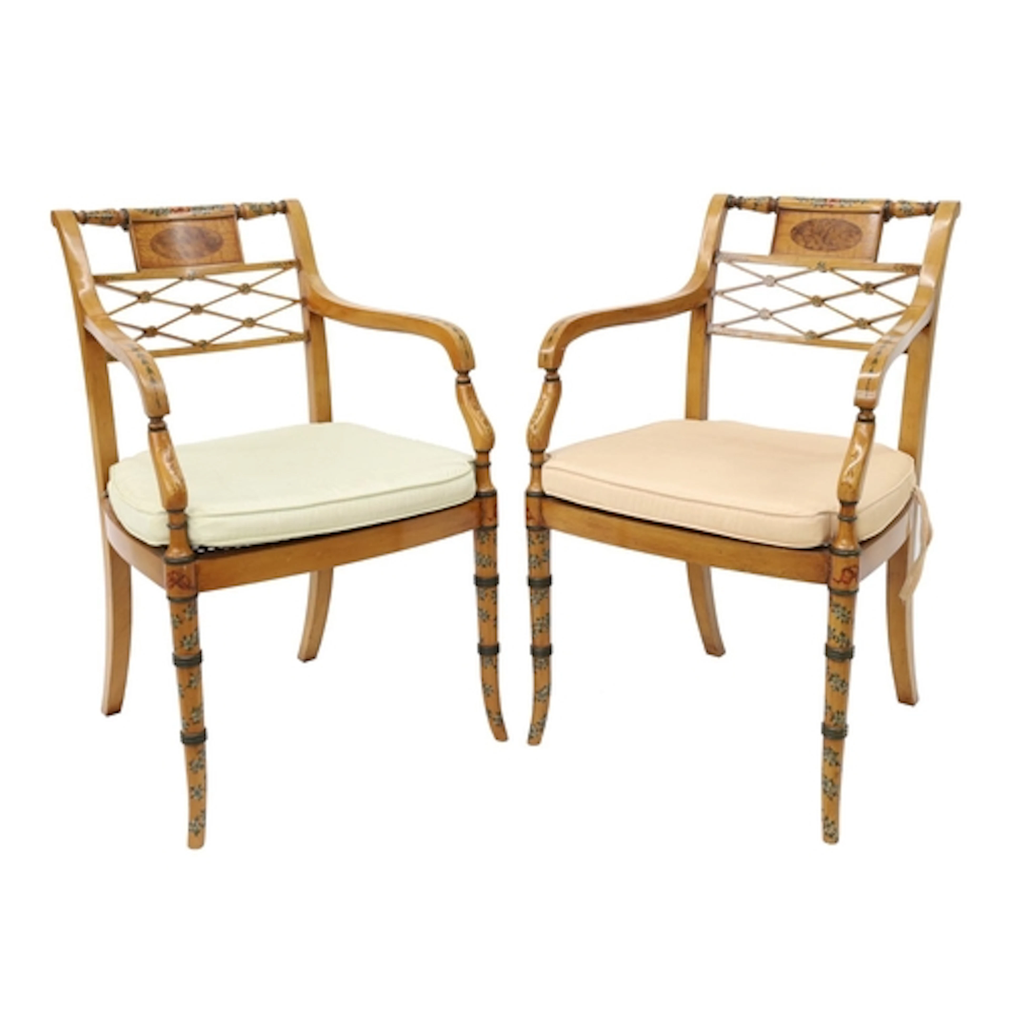 Pair of Sheraton Revival elbow chairs, with floral painted d...