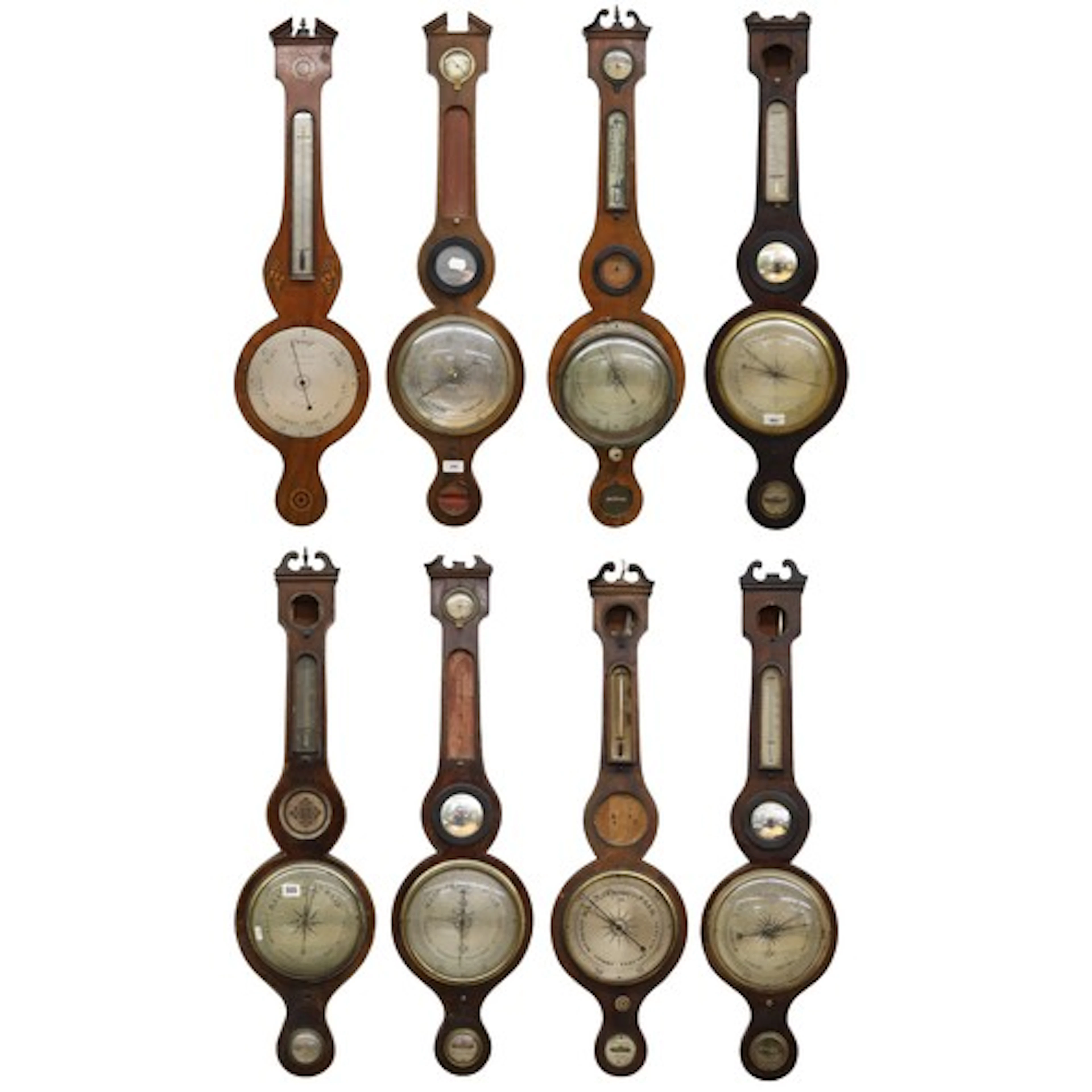 Group of eight 19th century inlaid mahogany wheel barometers...