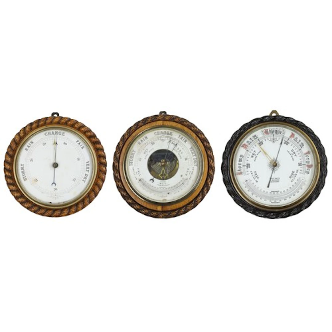 Ebonised carved oak rope twist circular wall barometer/therm...