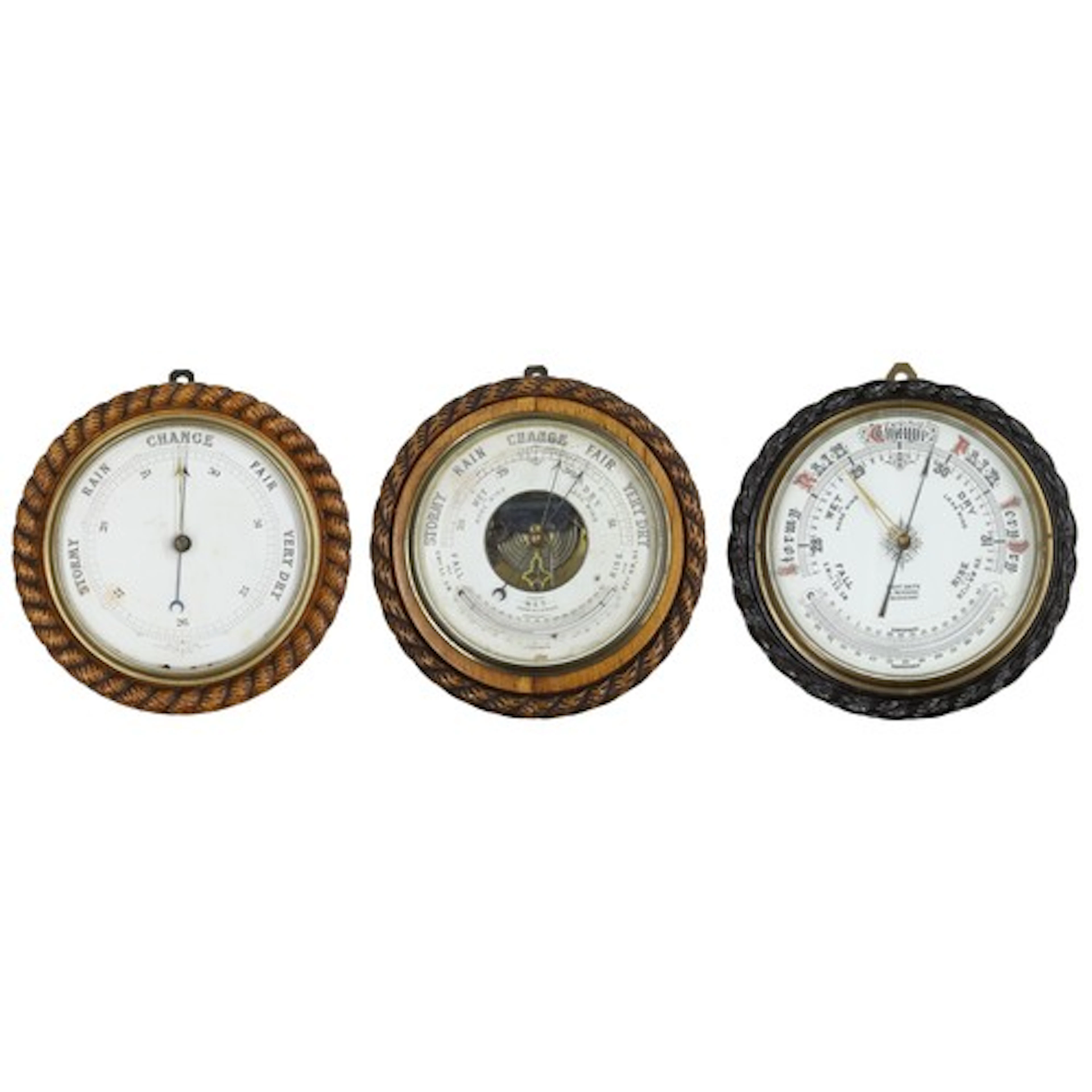 Ebonised carved oak rope twist circular wall barometer/therm...