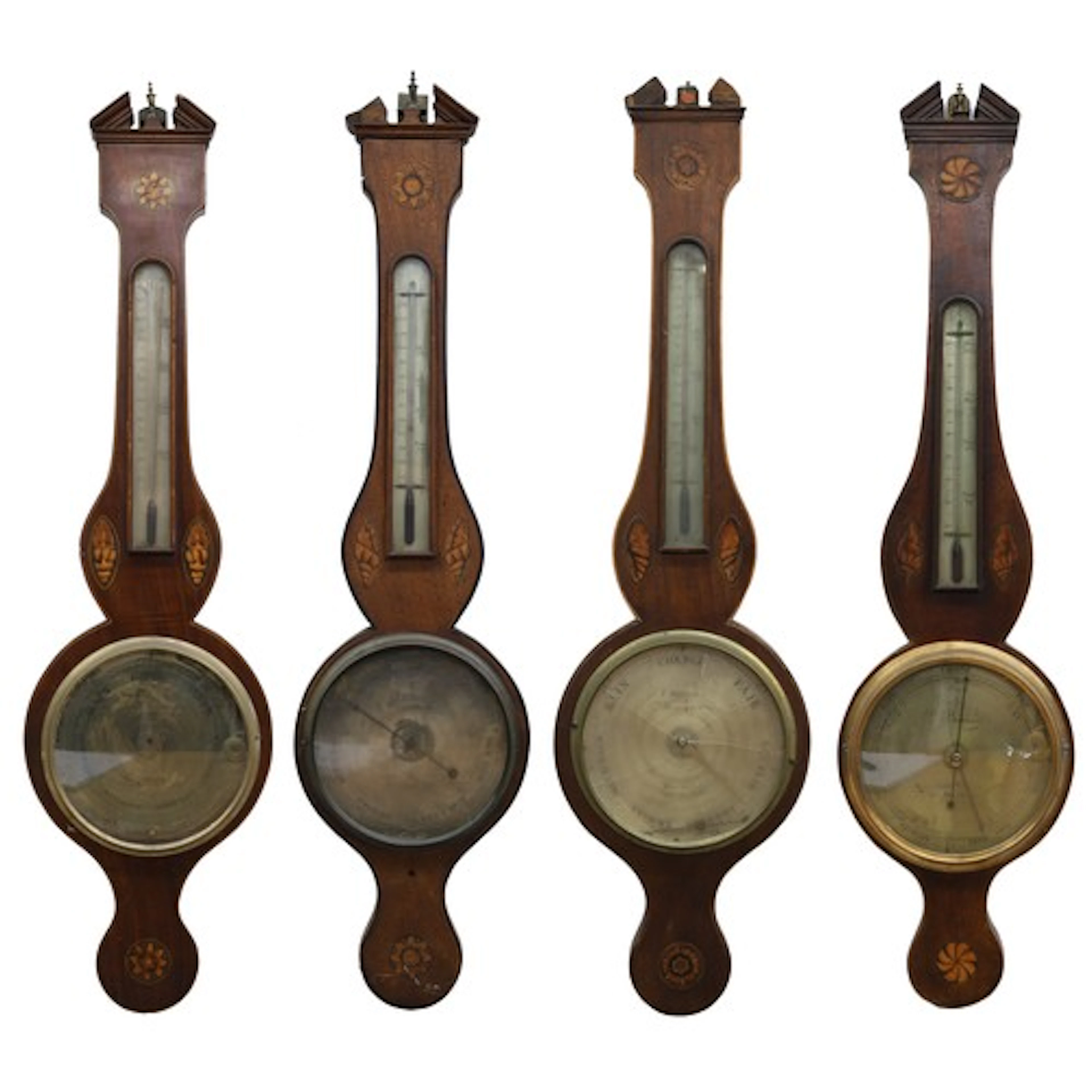 Group of four shell inlaid wheel barometers, each with broke...