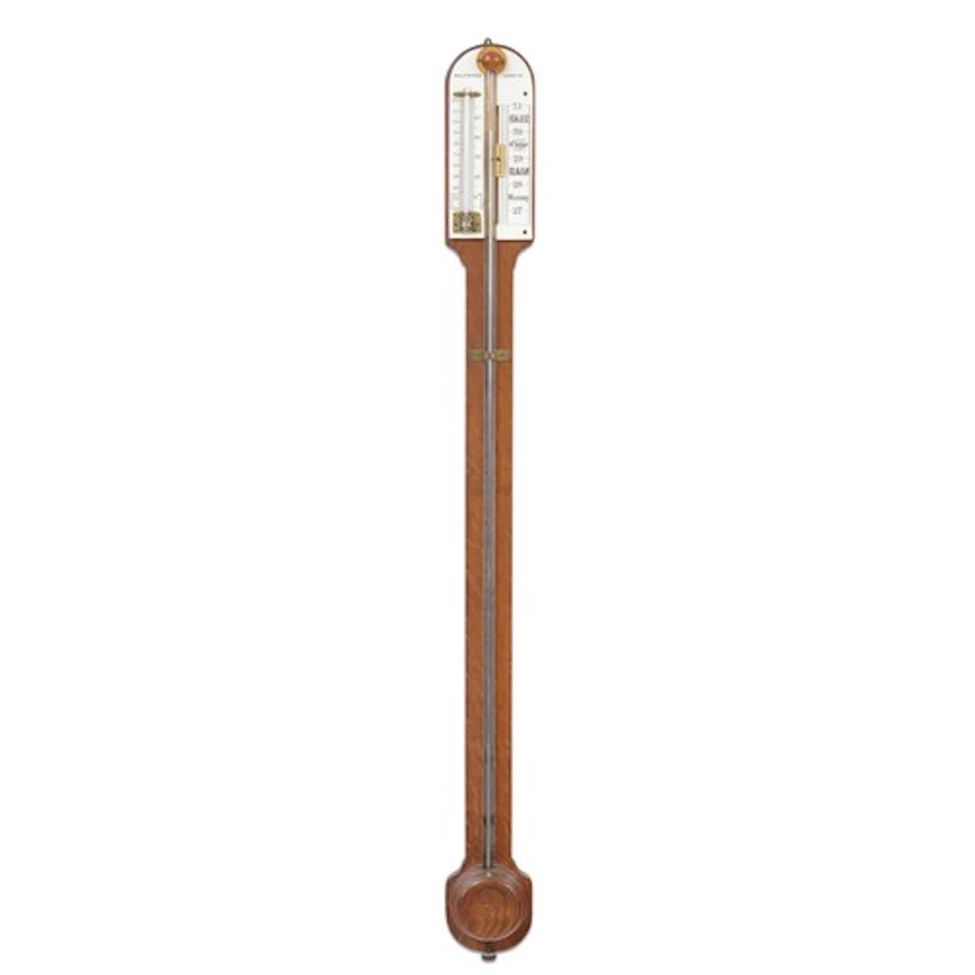 Victorian oak stick barometer, ceramic scale with thermomete...