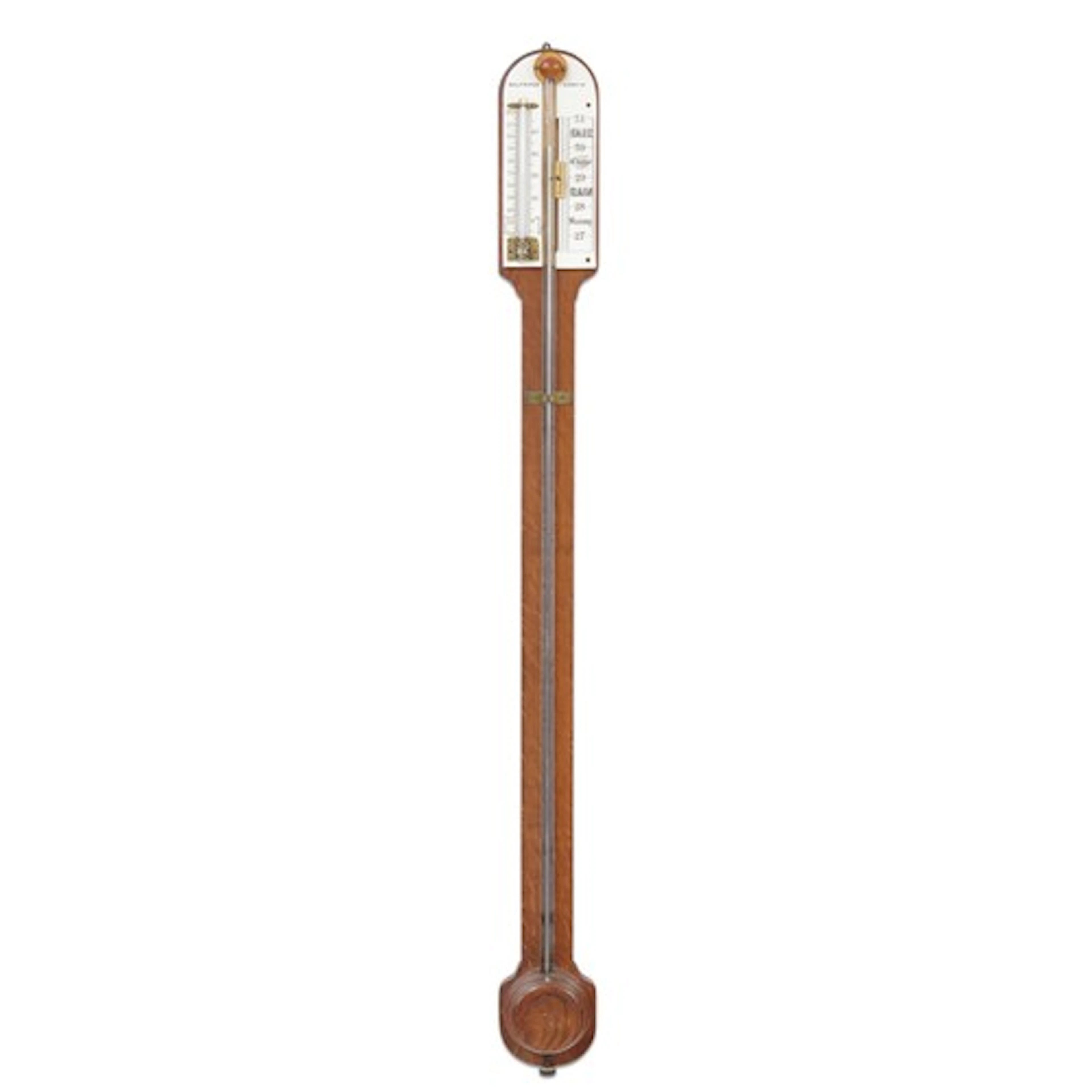 Victorian oak stick barometer, ceramic scale with thermomete...