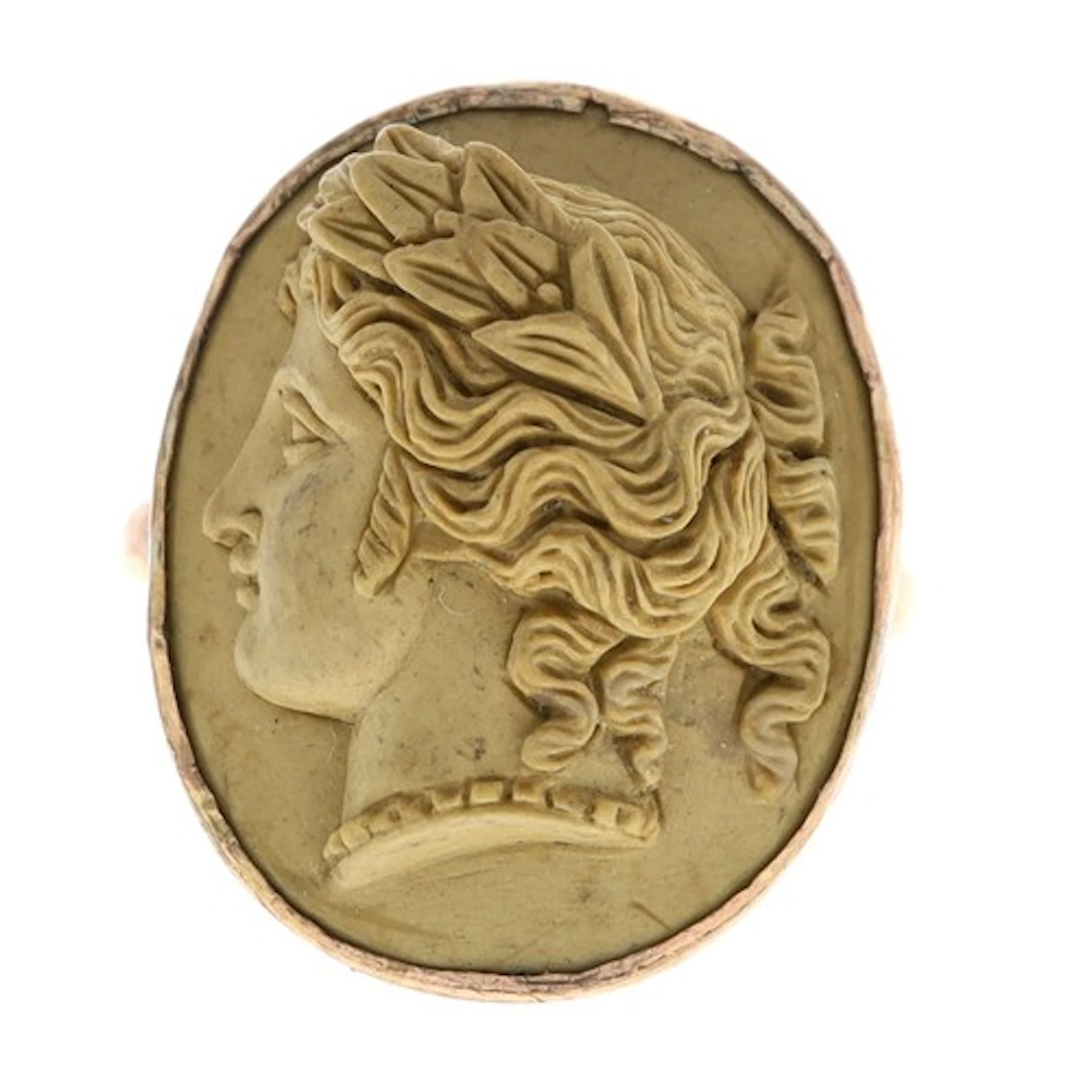 Oval lava cameo ring in a 9ct mount, depicting a side portra...