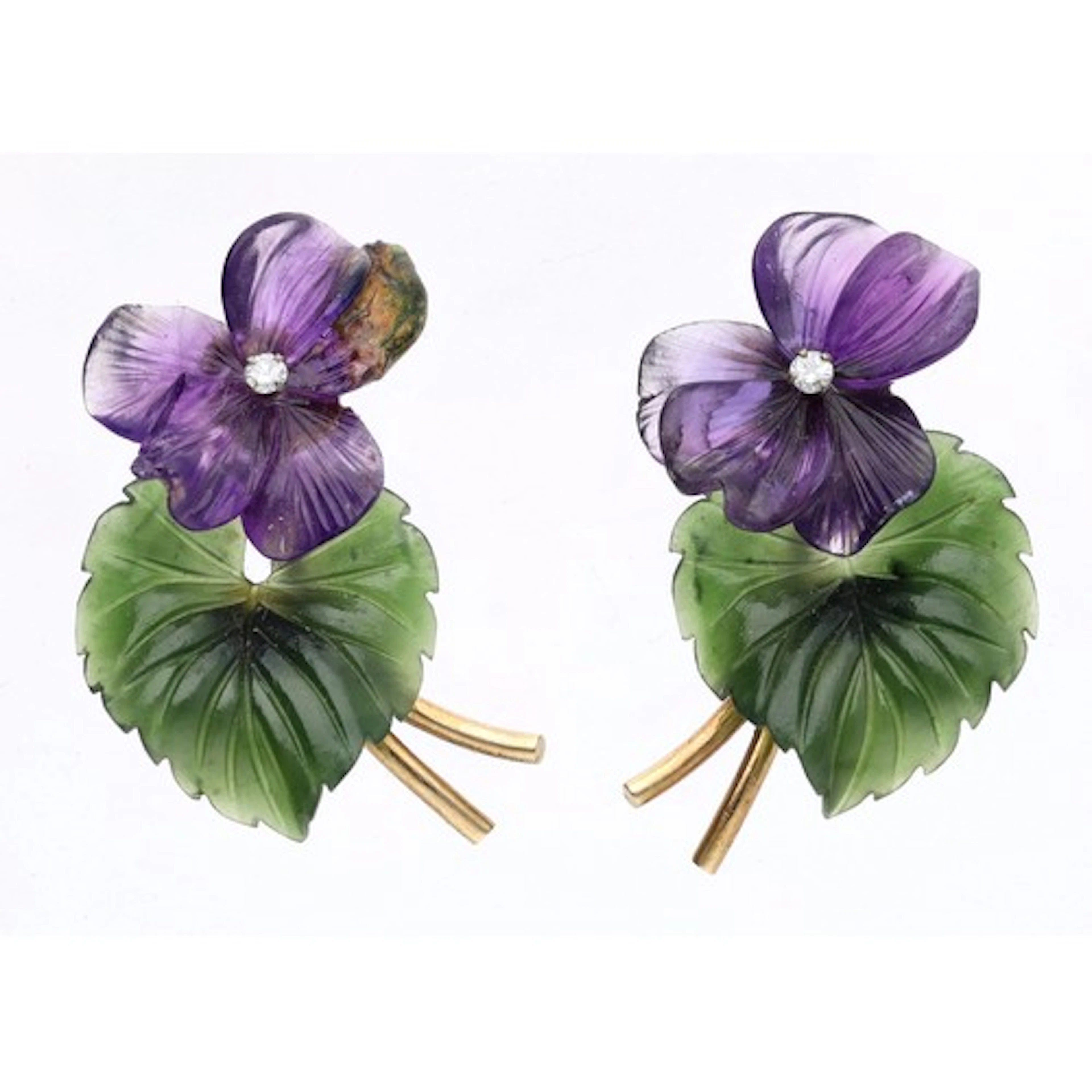 Attractive pair diamond, amethyst and Nephrite jade violet d...