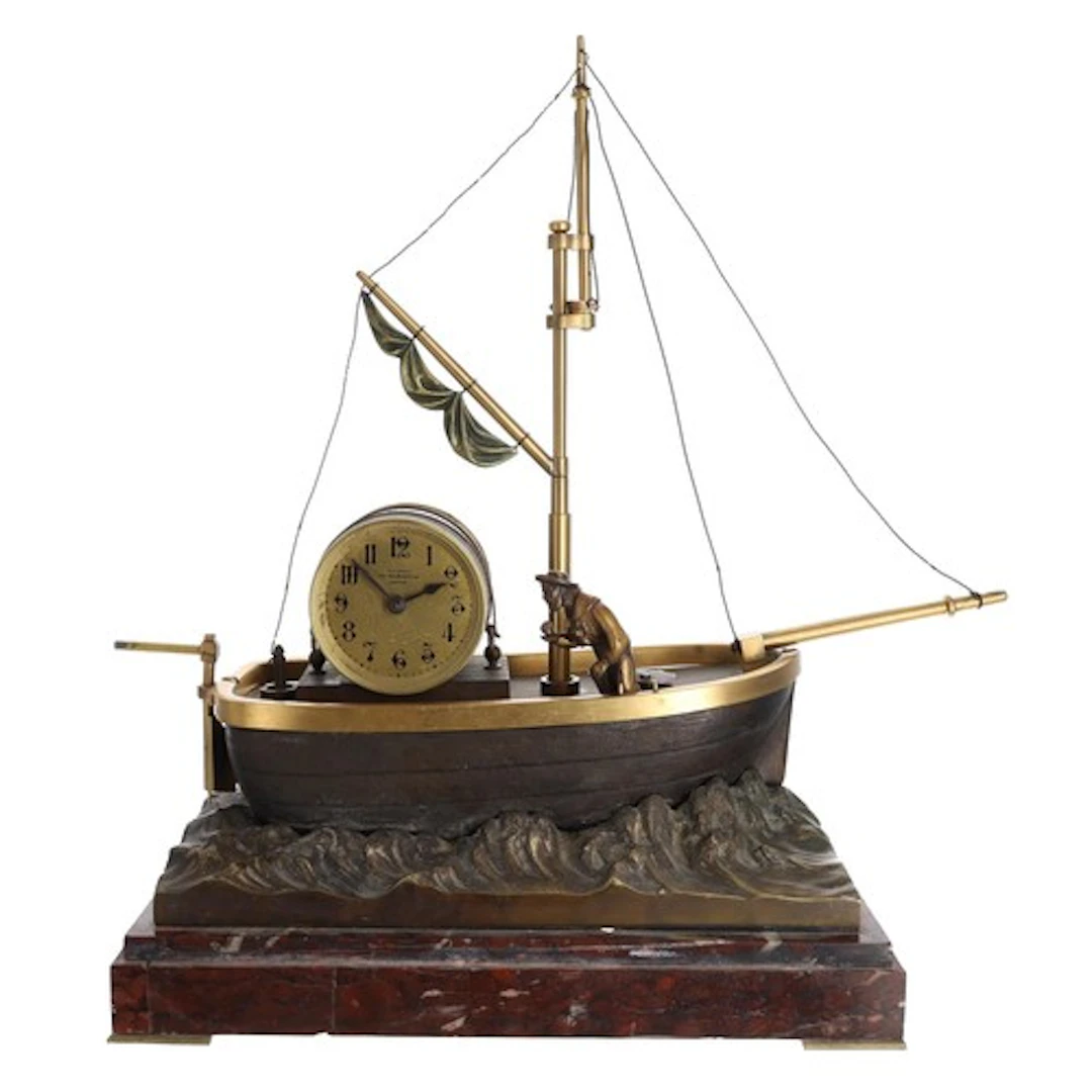 French gilt brass, bronze and marble novelty automaton timep...