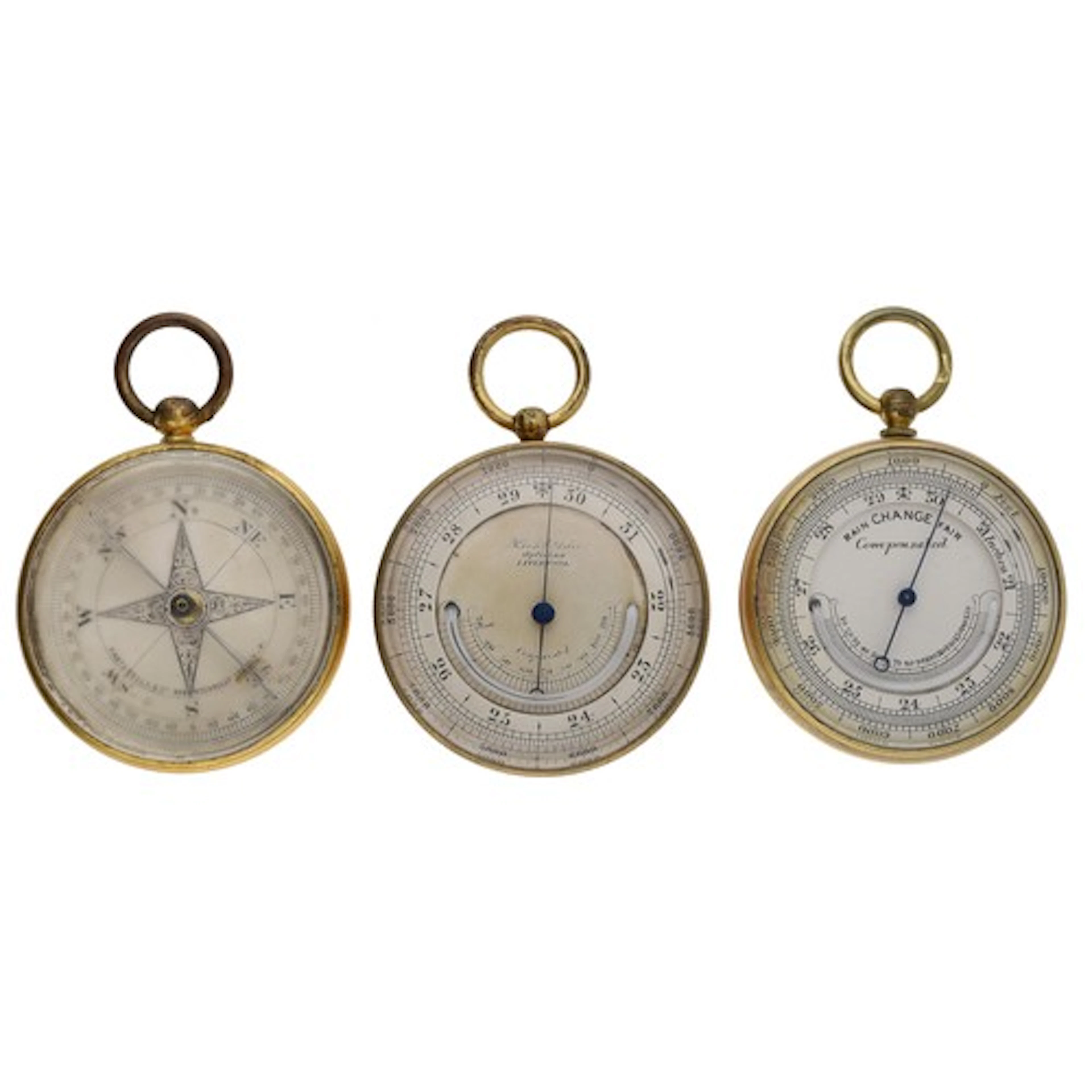 Two late 19th century gilt brass pocket barometers/thermomet...