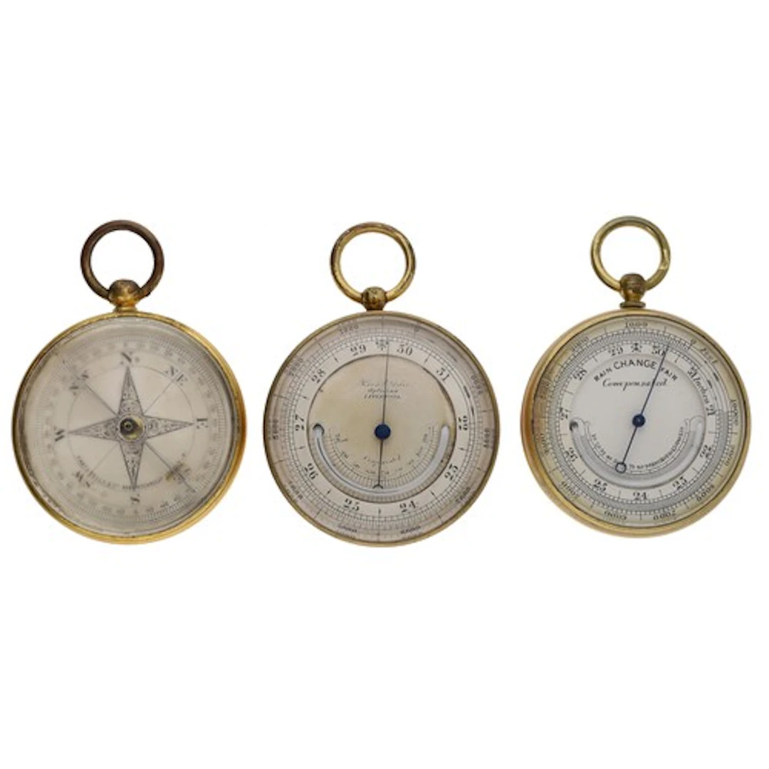 Two late 19th century gilt brass pocket barometers/thermomet...