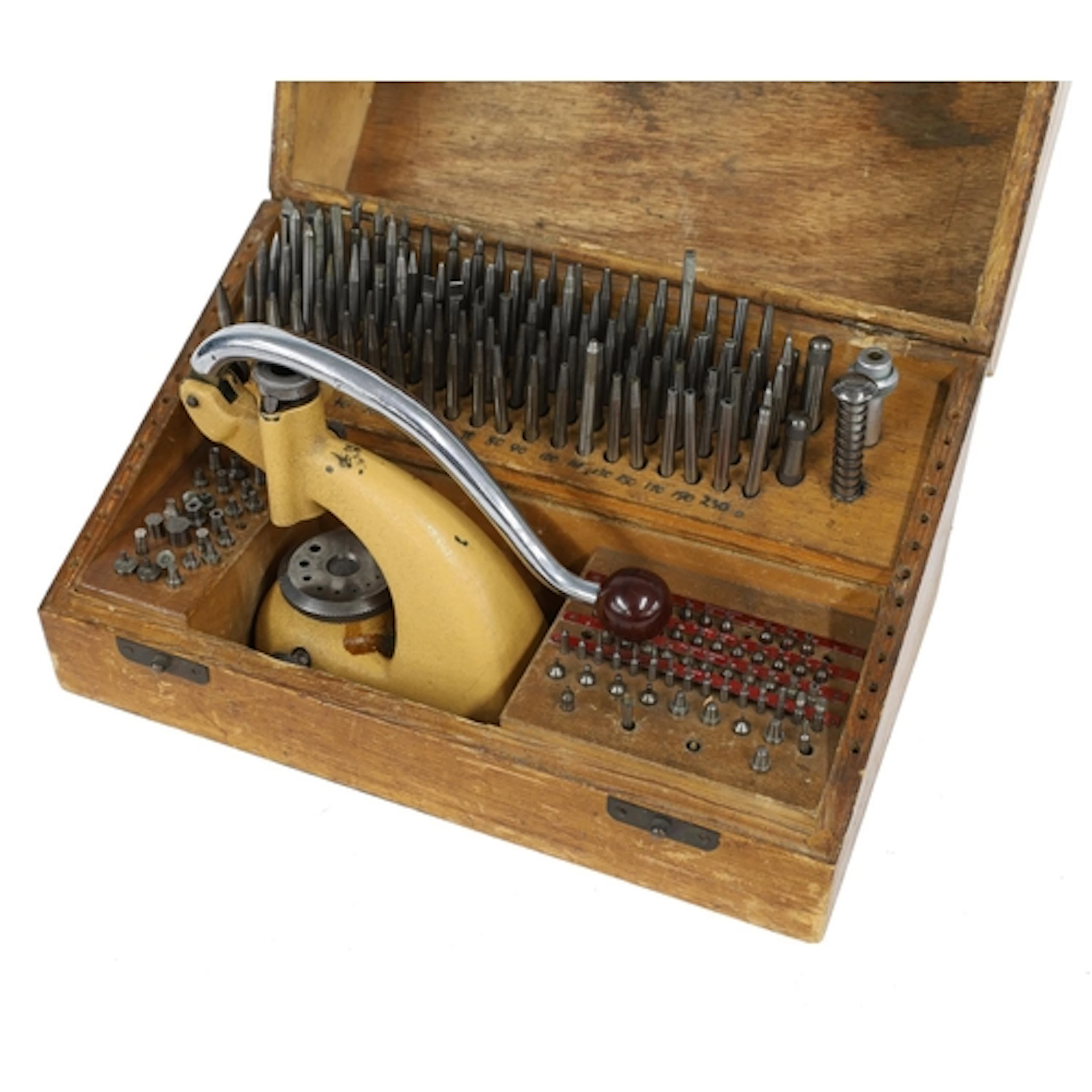 Staking tool with accessories, within a wooden case (some ac...