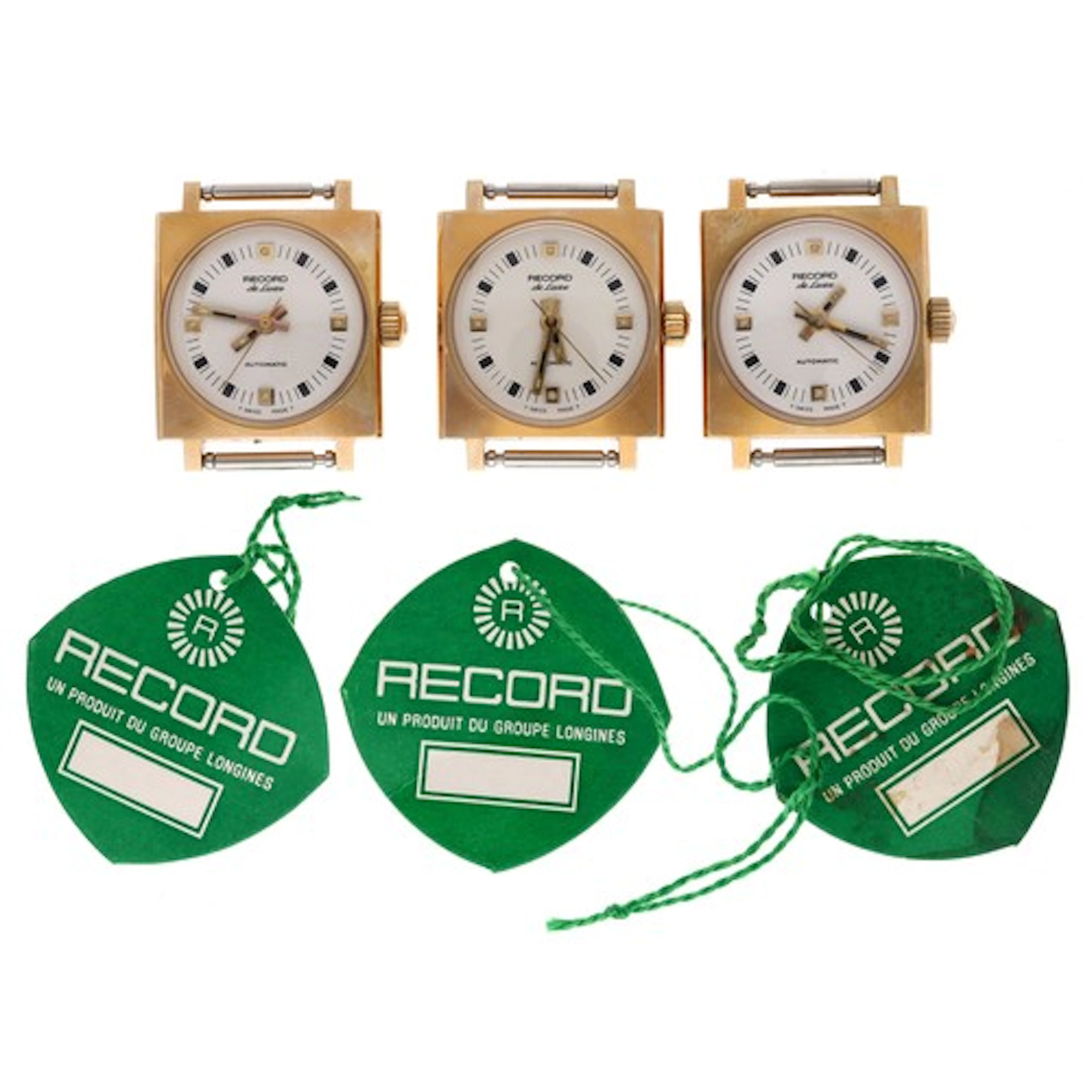 Three Record De Luxe automatic square cased gold plated ladi...