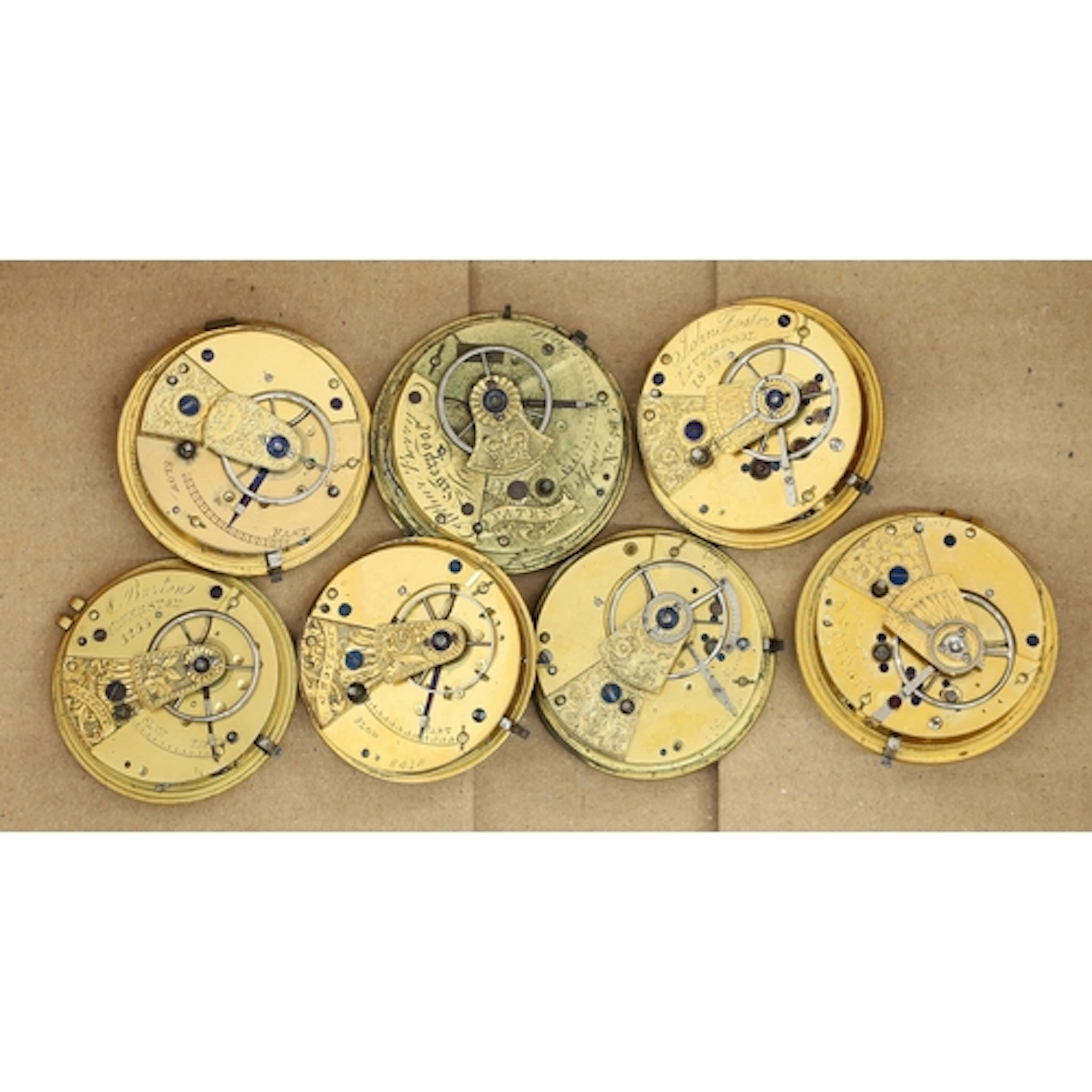 Seven fusee lever pocket watch movements to include makers B...