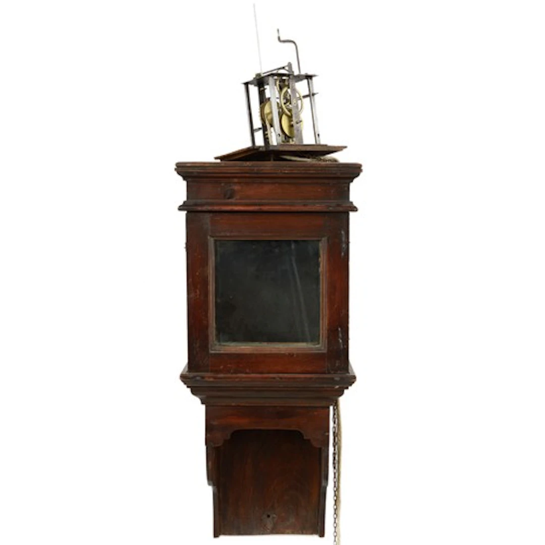 19th century stained pine and elm hooded wall clock case, wi...