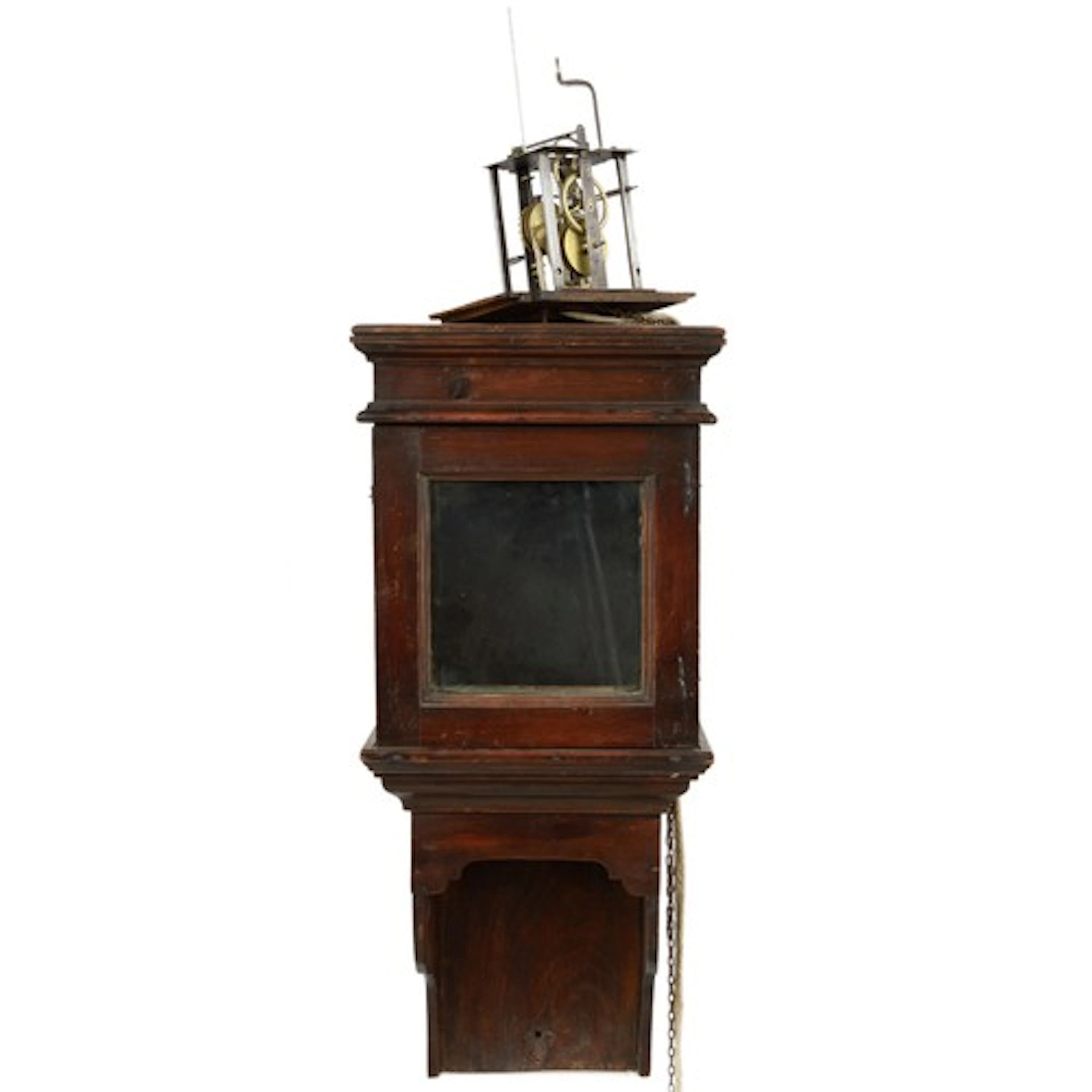 19th century stained pine and elm hooded wall clock case, wi...