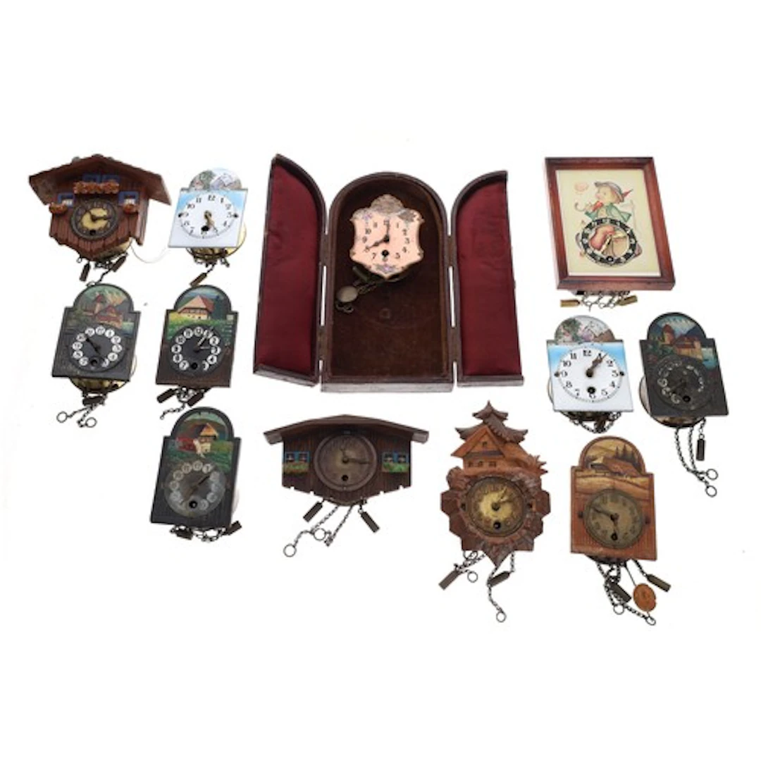 Collection of assorted miniature Black Forest type wall time...