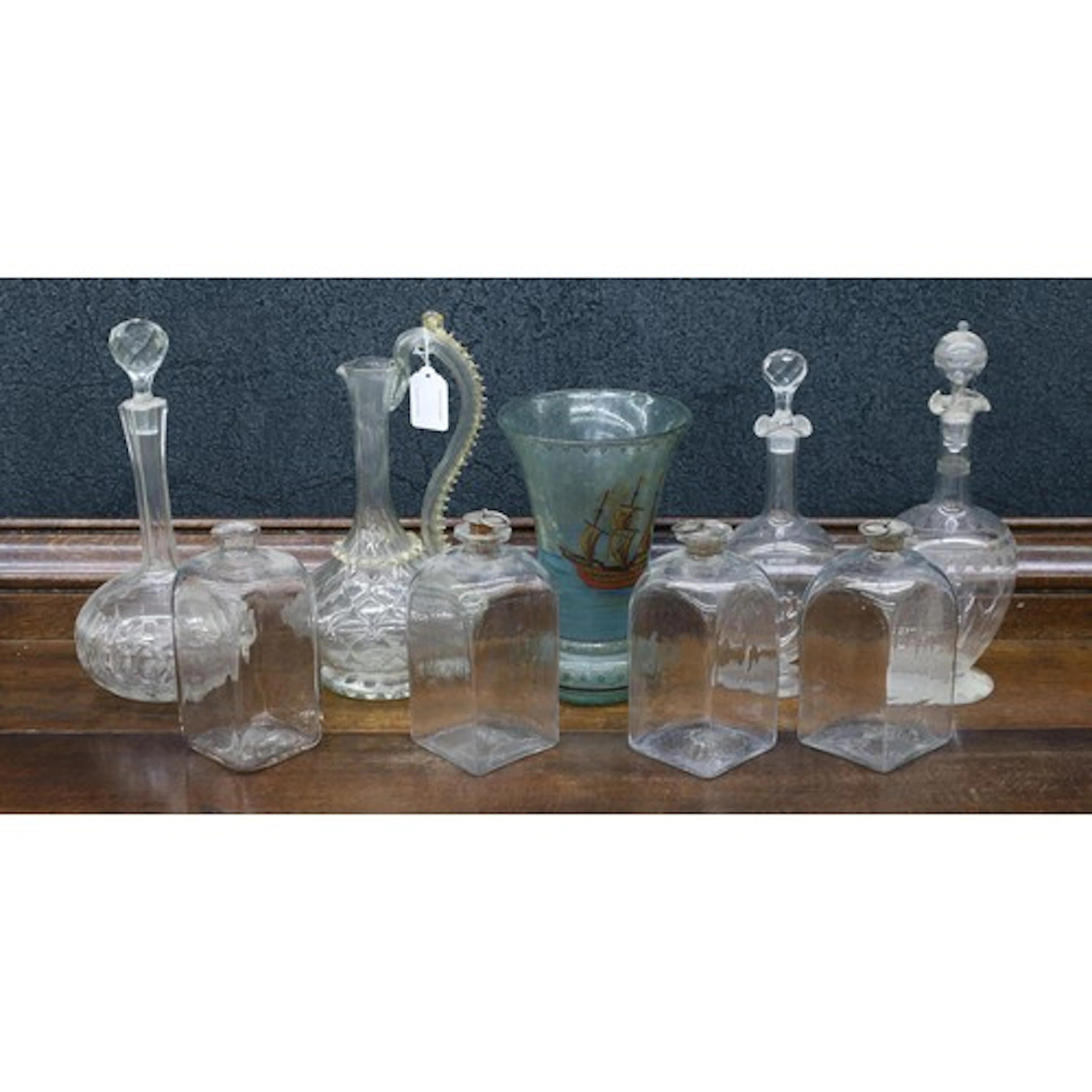 Continental green soda glass vase, enamelled with sailing sh...