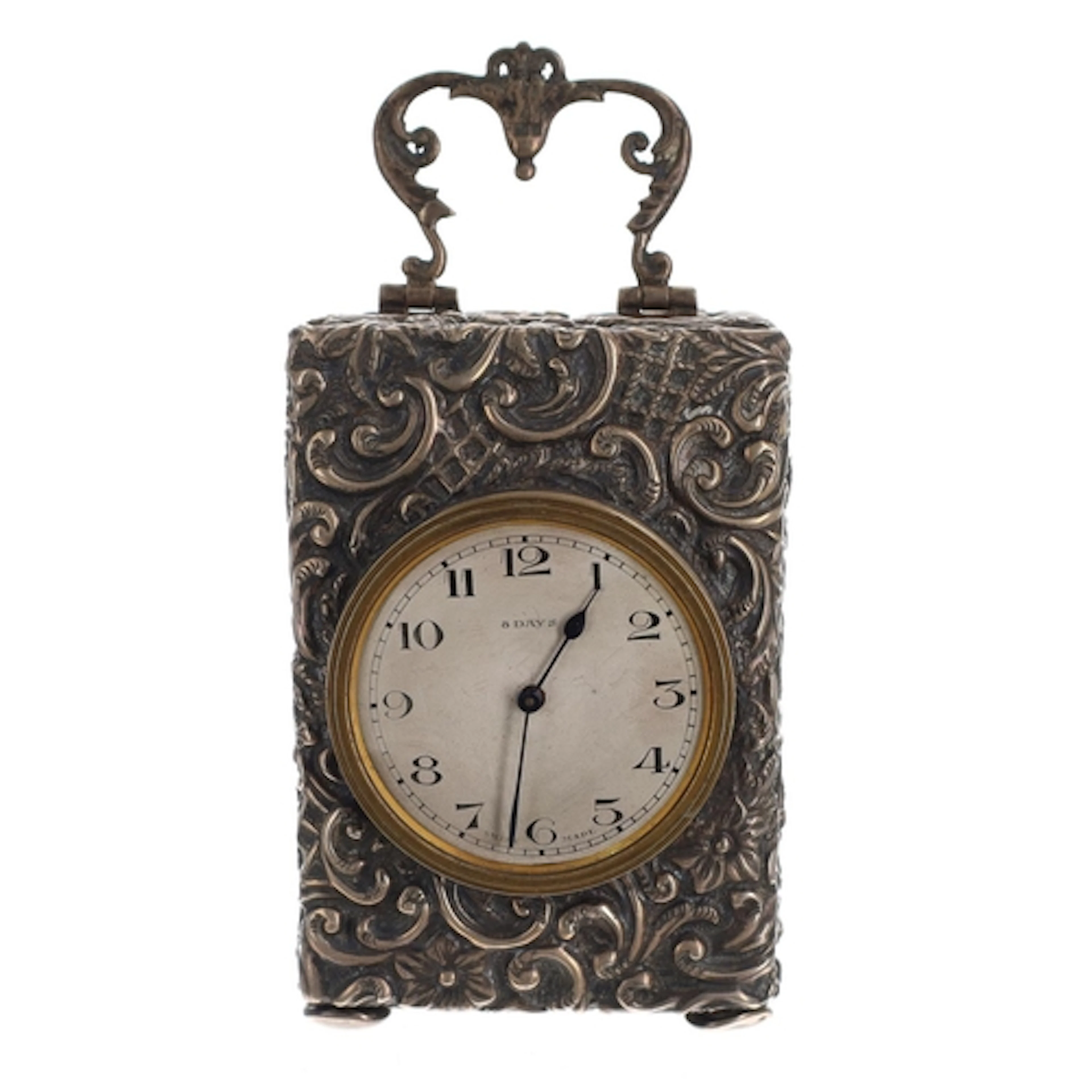 Edwardian silver boudoir carriage clock timepiece, the circu...