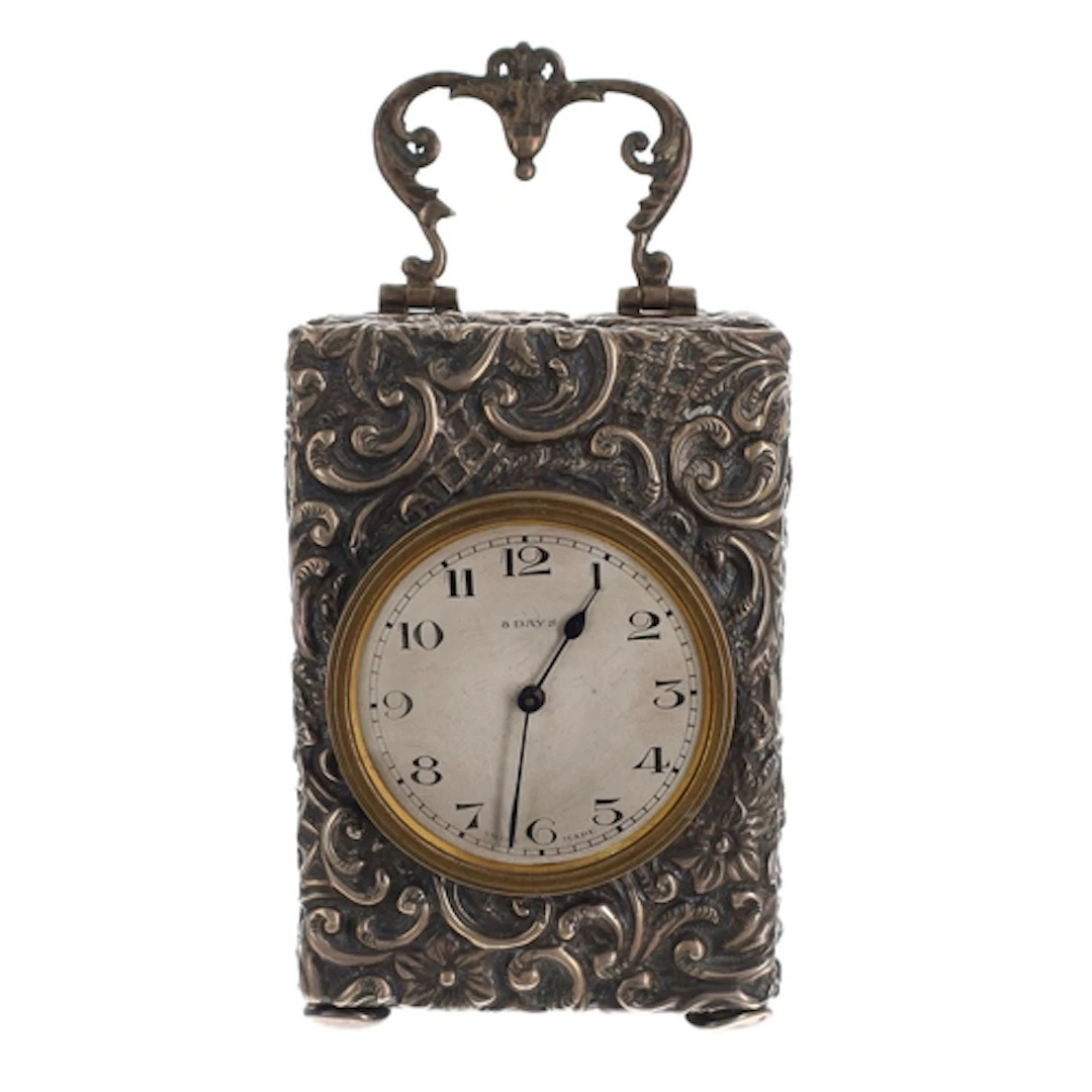 Edwardian silver boudoir carriage clock timepiece, the circu...