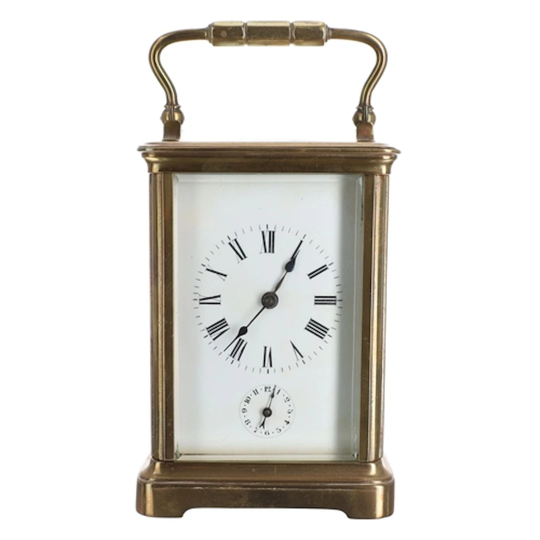 French brass striking alarm carriage clock, the white enamel...