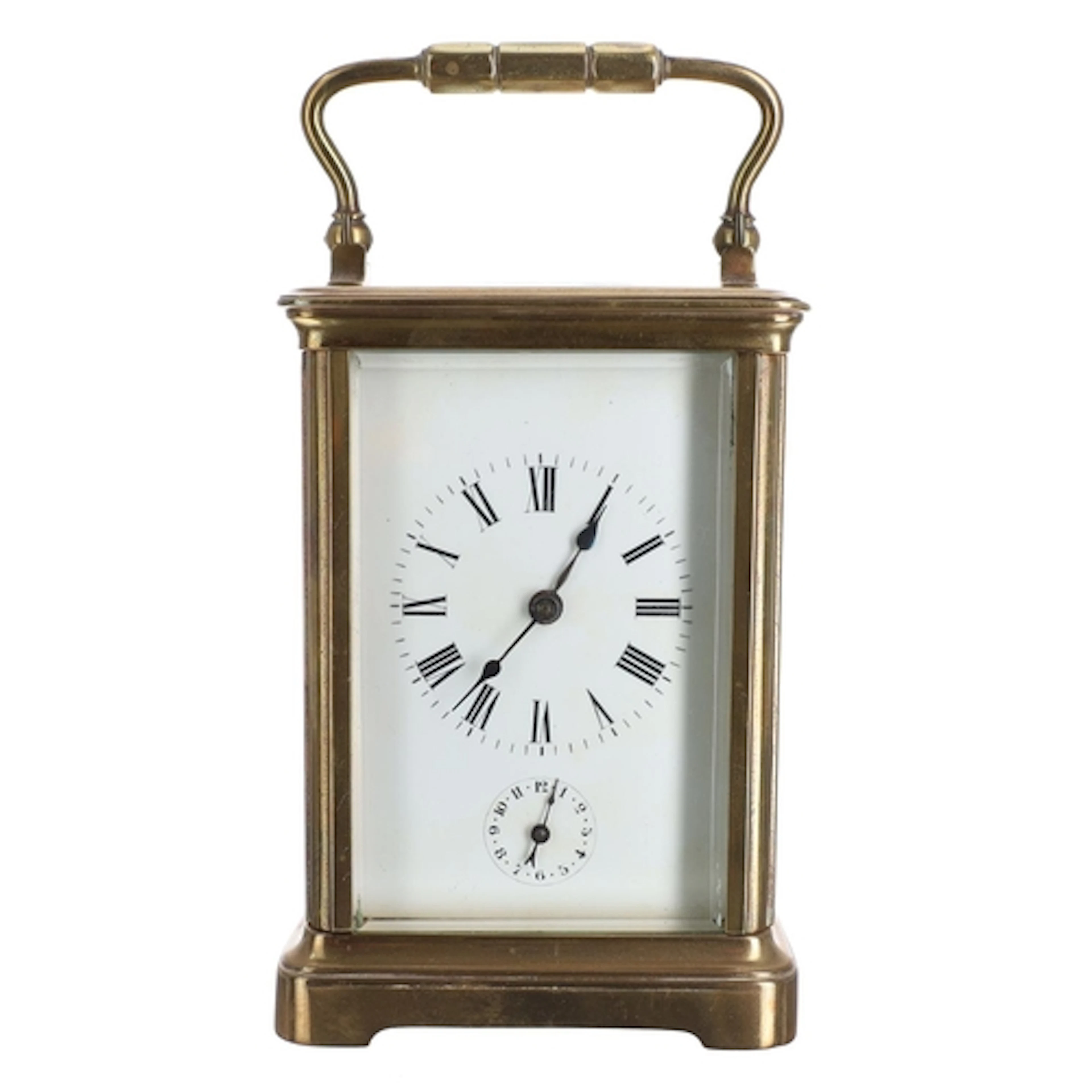 French brass striking alarm carriage clock, the white enamel...
