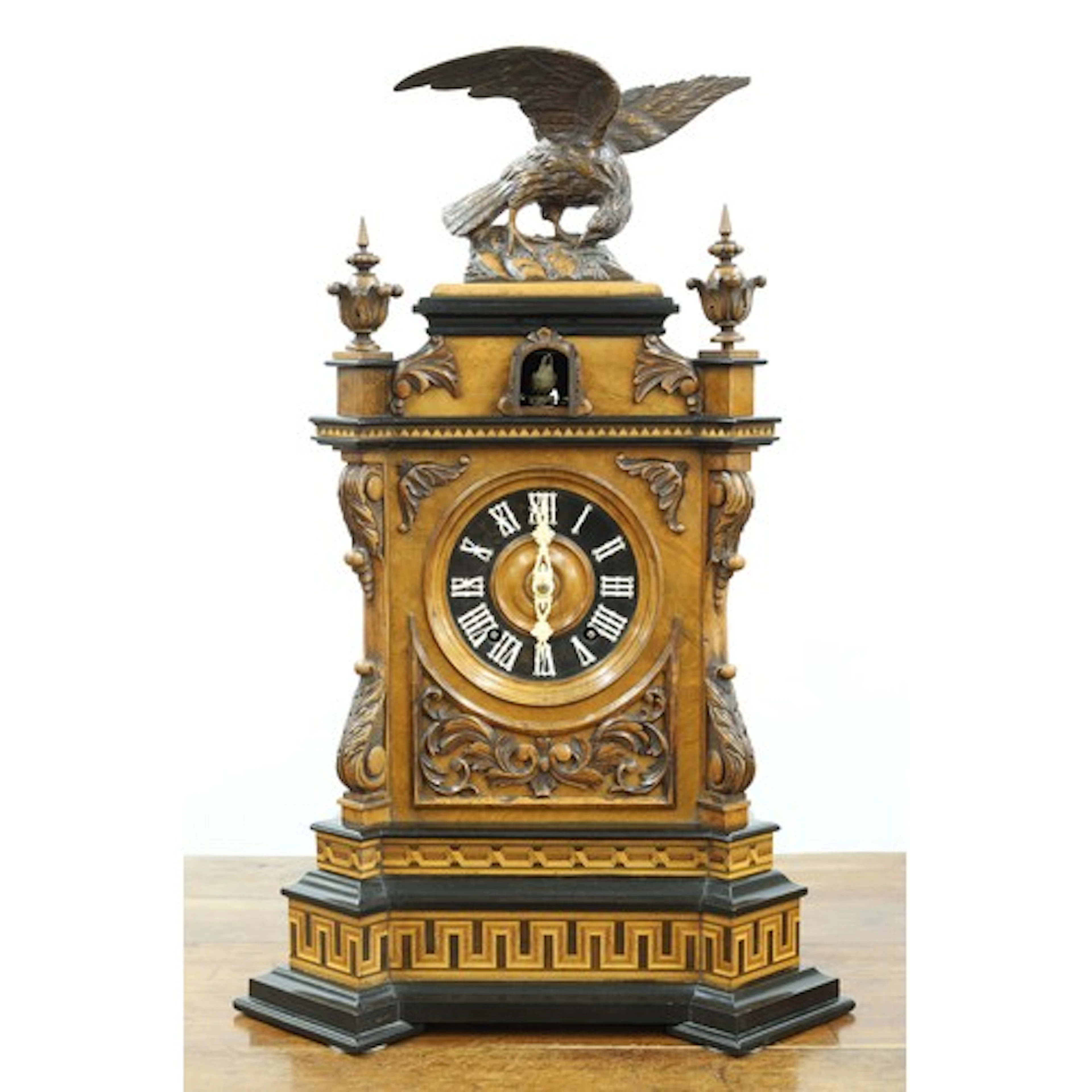 Impressive German Black Forest cuckoo walnut mantel clock by...