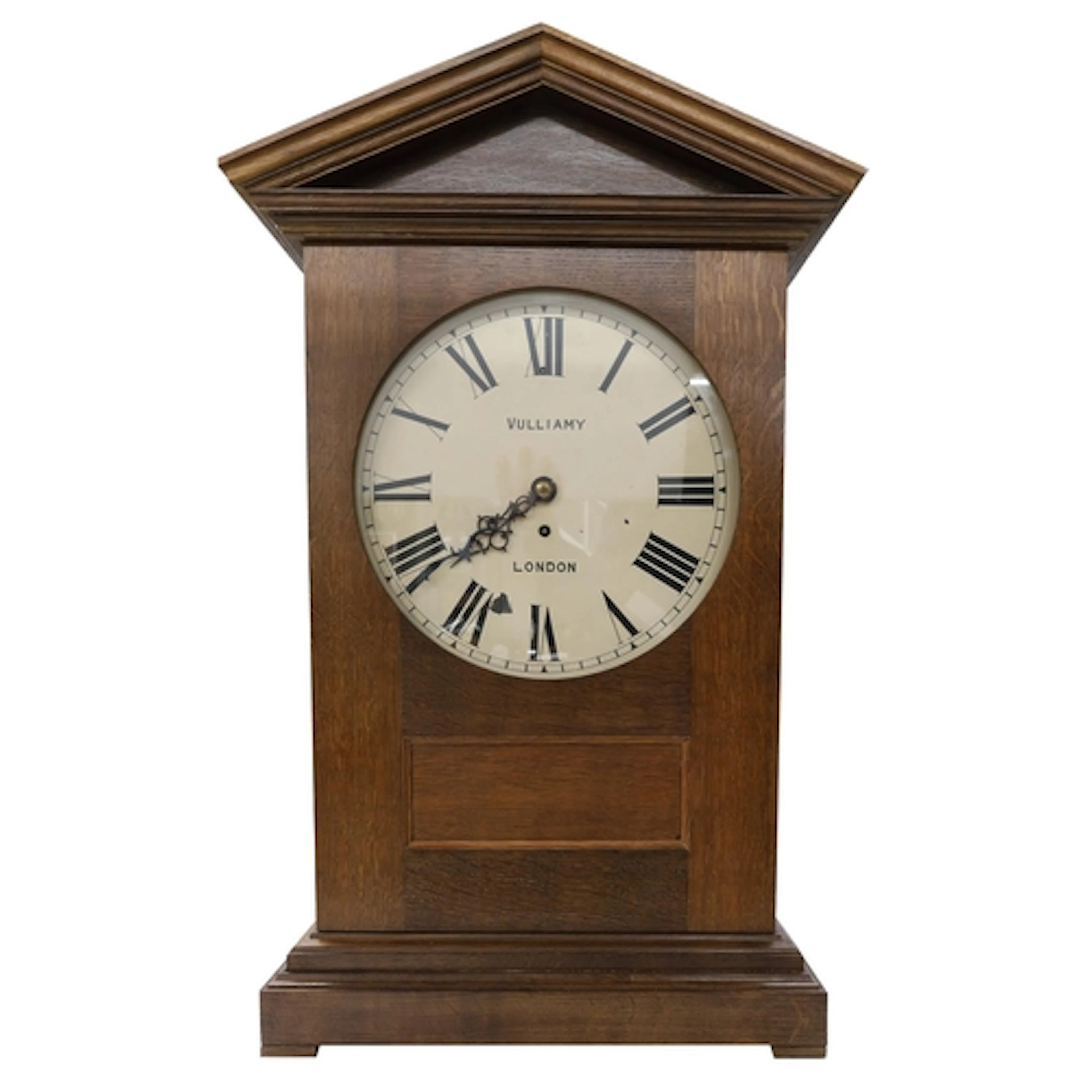 Large oak table clock containing a good English single fusee...