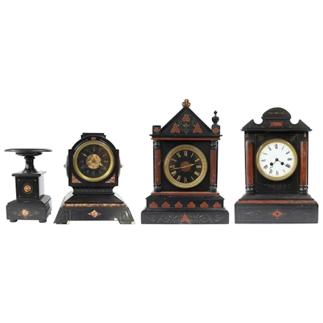 Three late 19th century French black slate and rouge marble ...