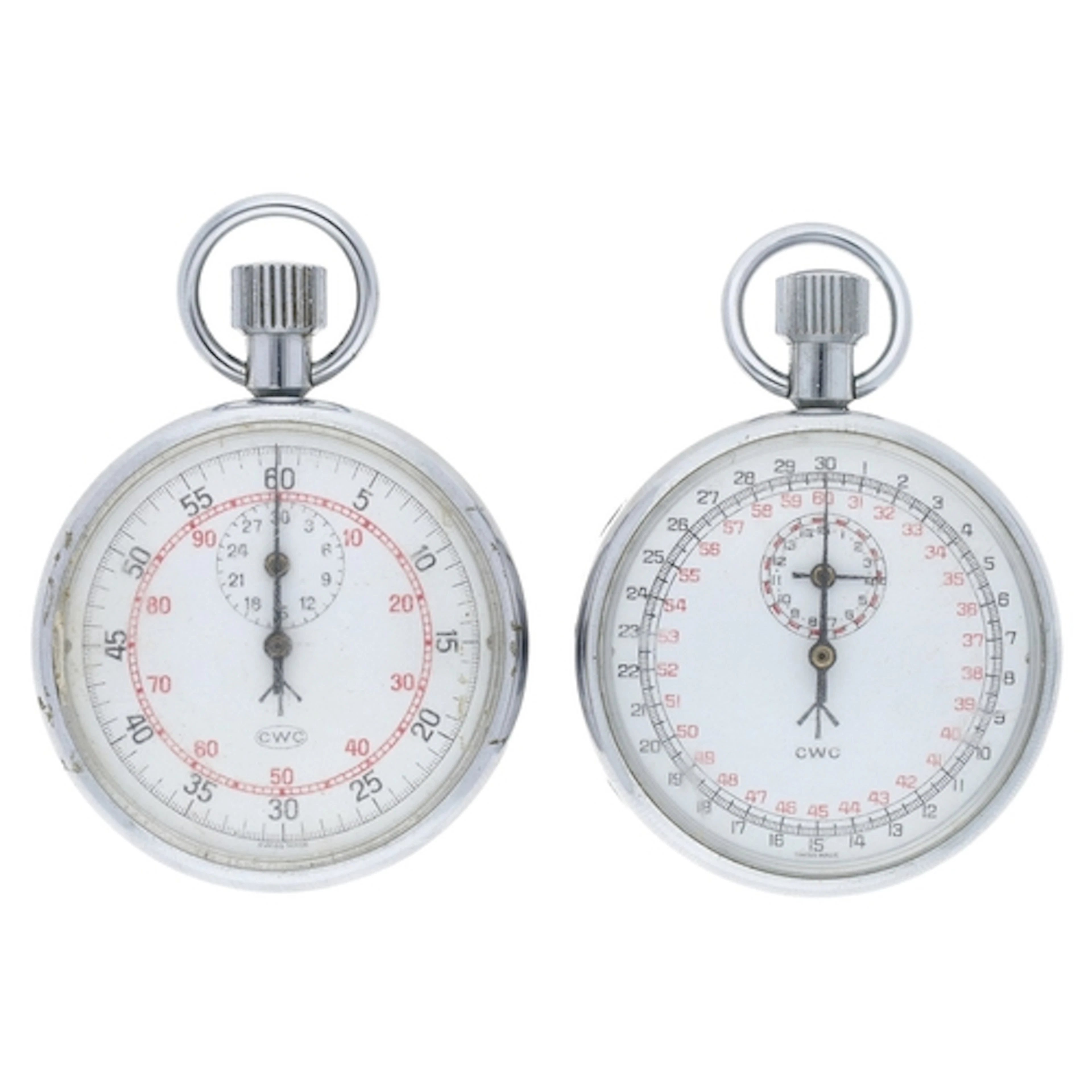 Two CWC British Military chrome cased pocket stopwatches, wi...