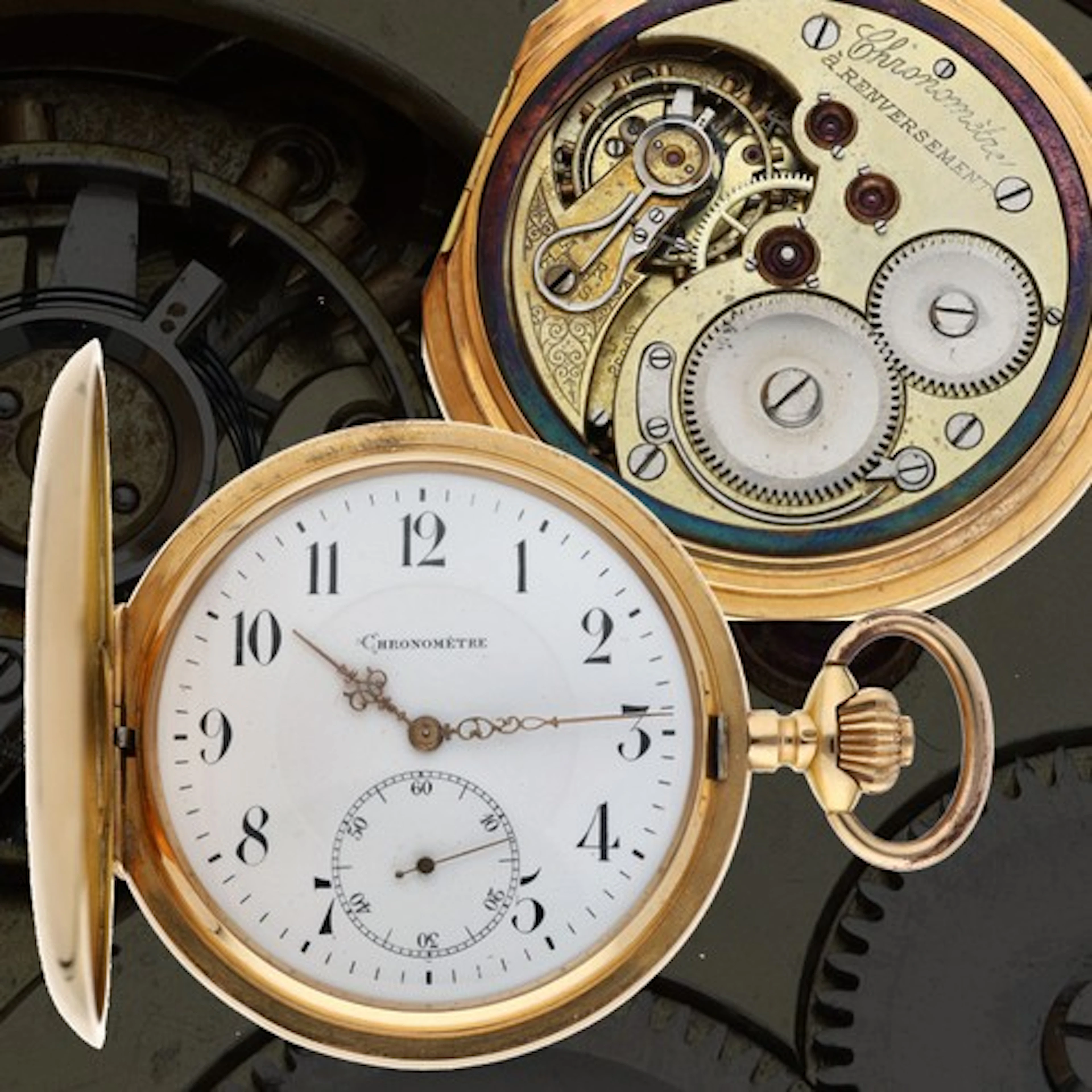 French 18ct Chronometre hunter pocket watch, the movement in...