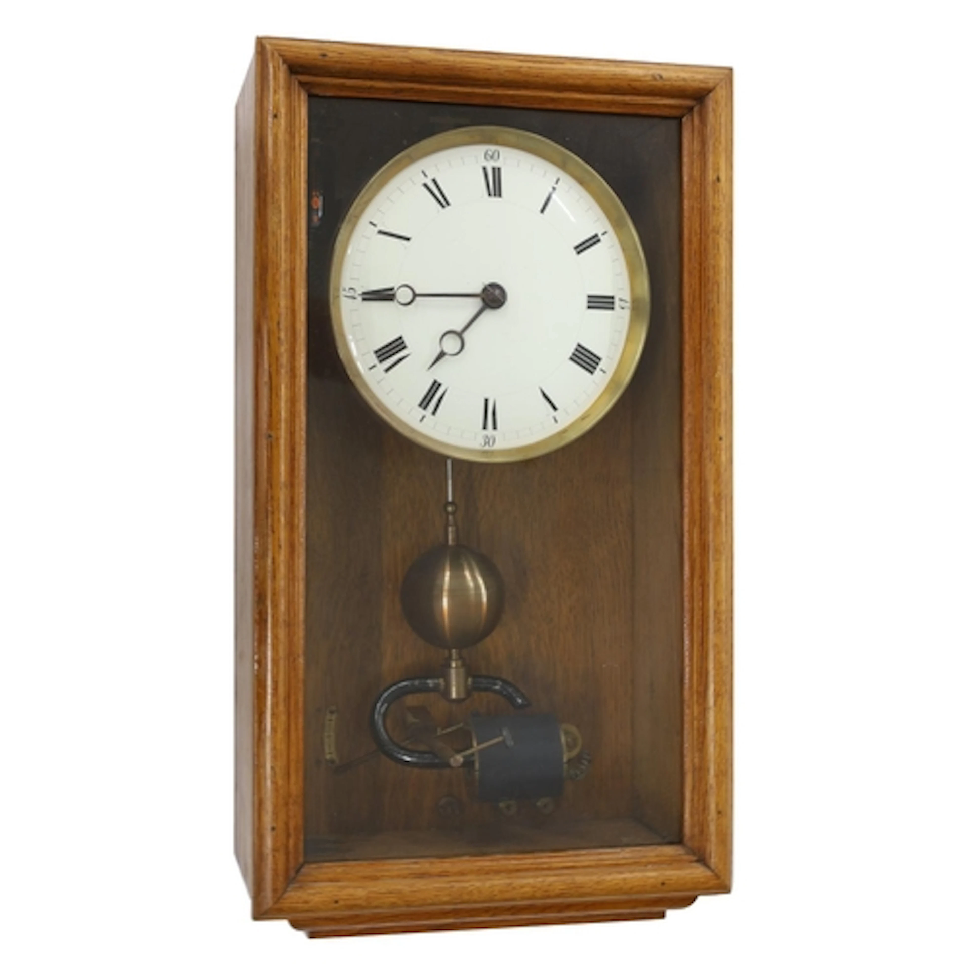 French Brillié oak cased electric wall clock, 7" white ename...