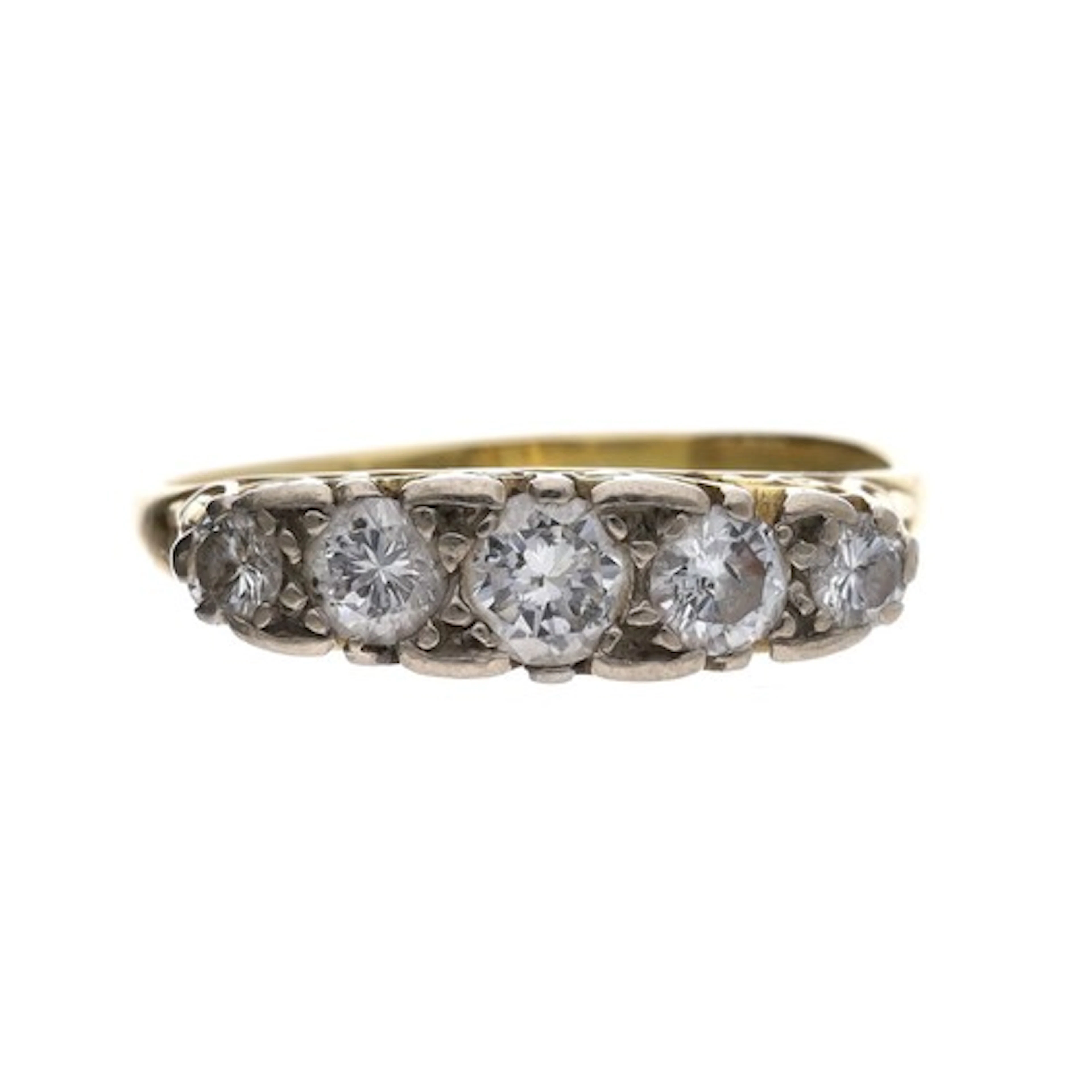 Victorian style 18ct seven stone diamond ring in a scroll se...