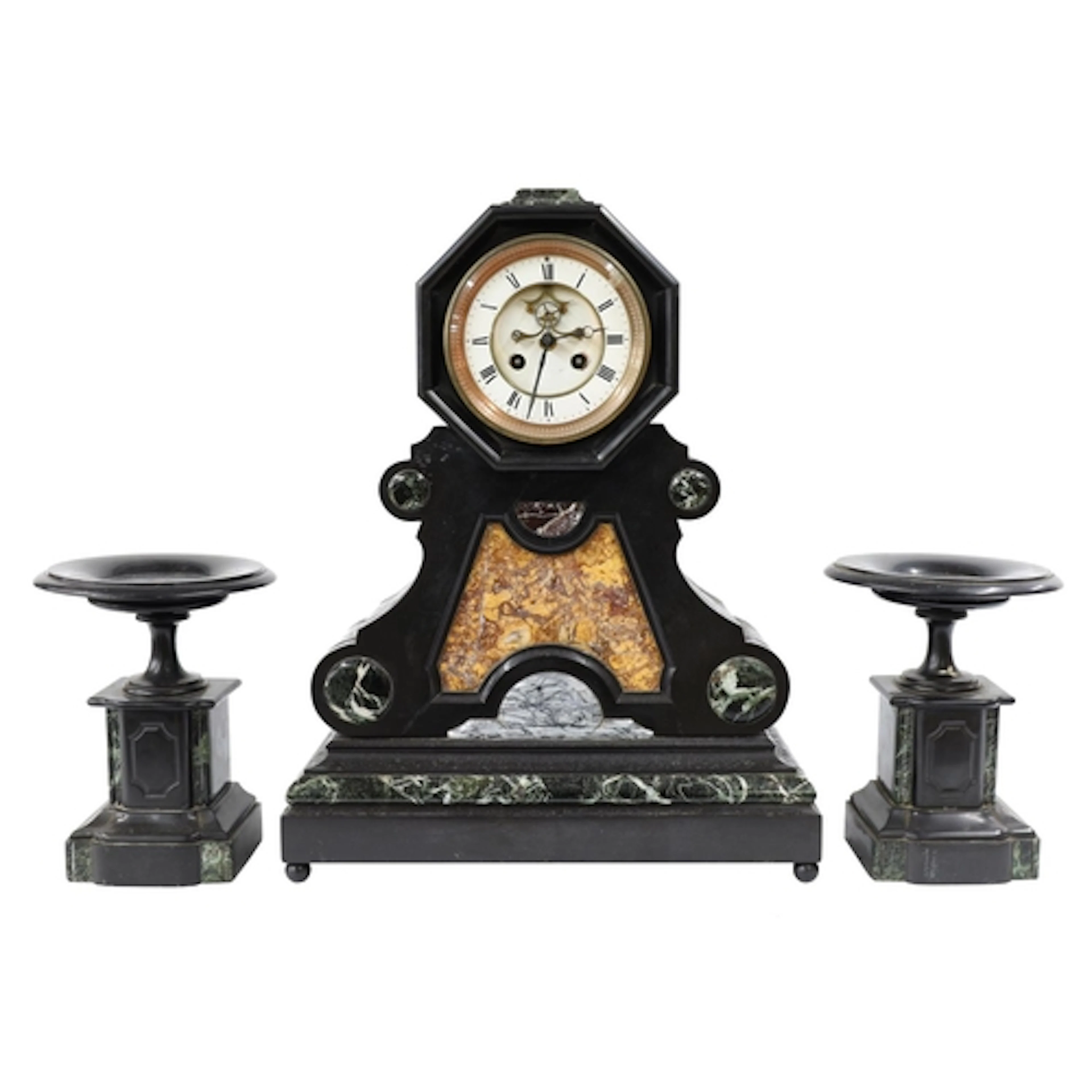 Late 19th century French black slate and marble mantel clock...