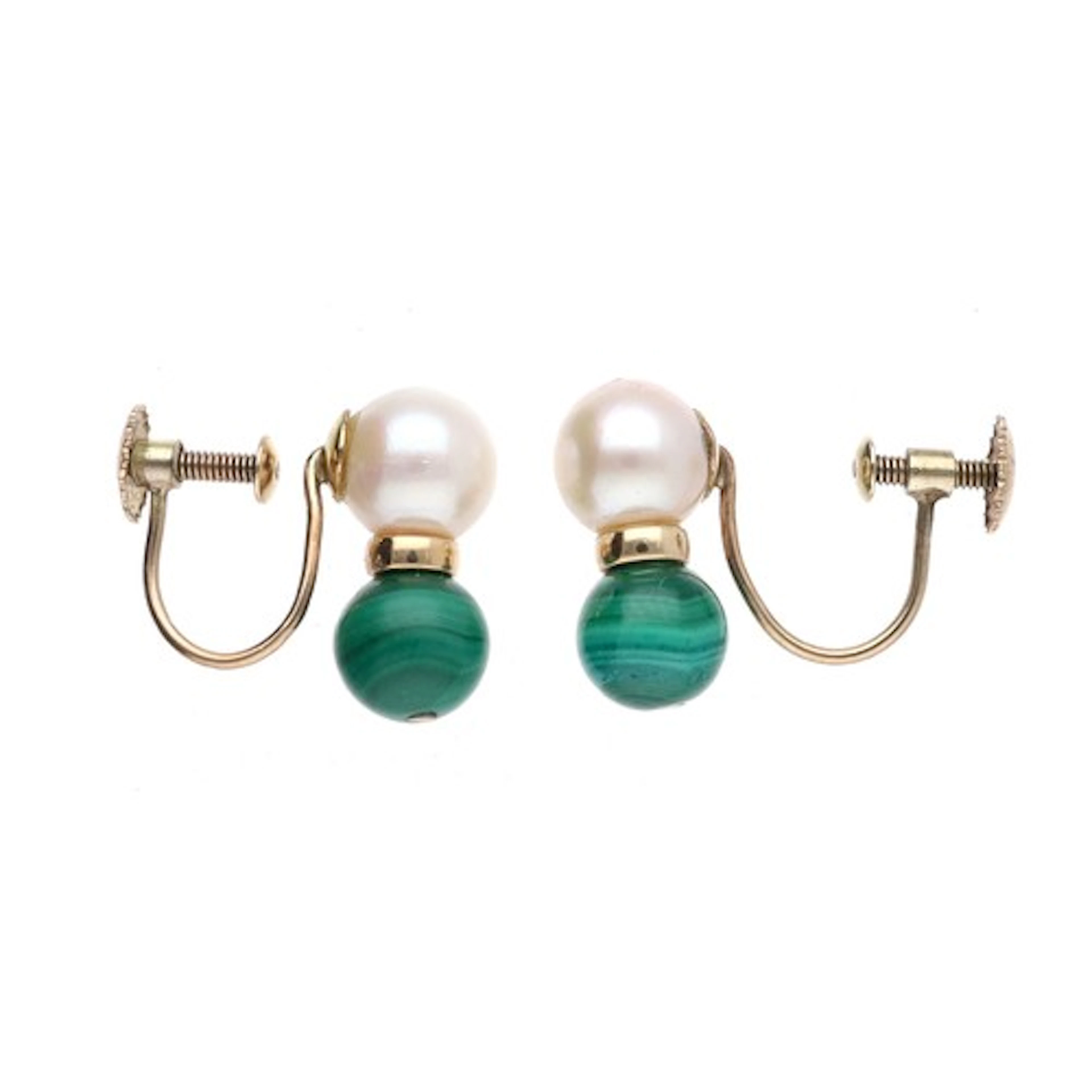 Pair of cultured pearl and malachite earrings with a 9ct scr...