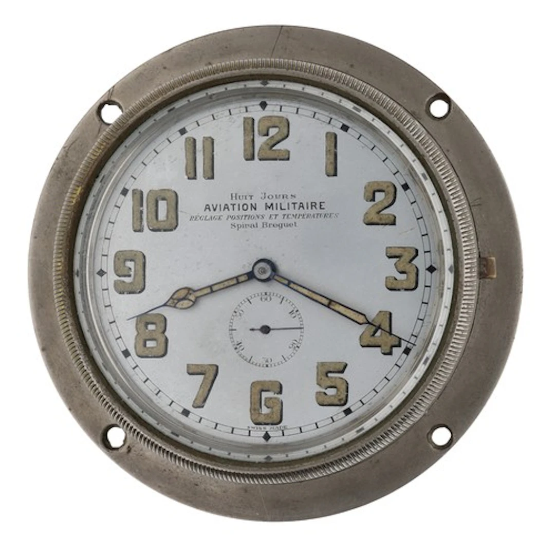 French WWI period 8 Days aircraft clock, 2.75" silvered dial...