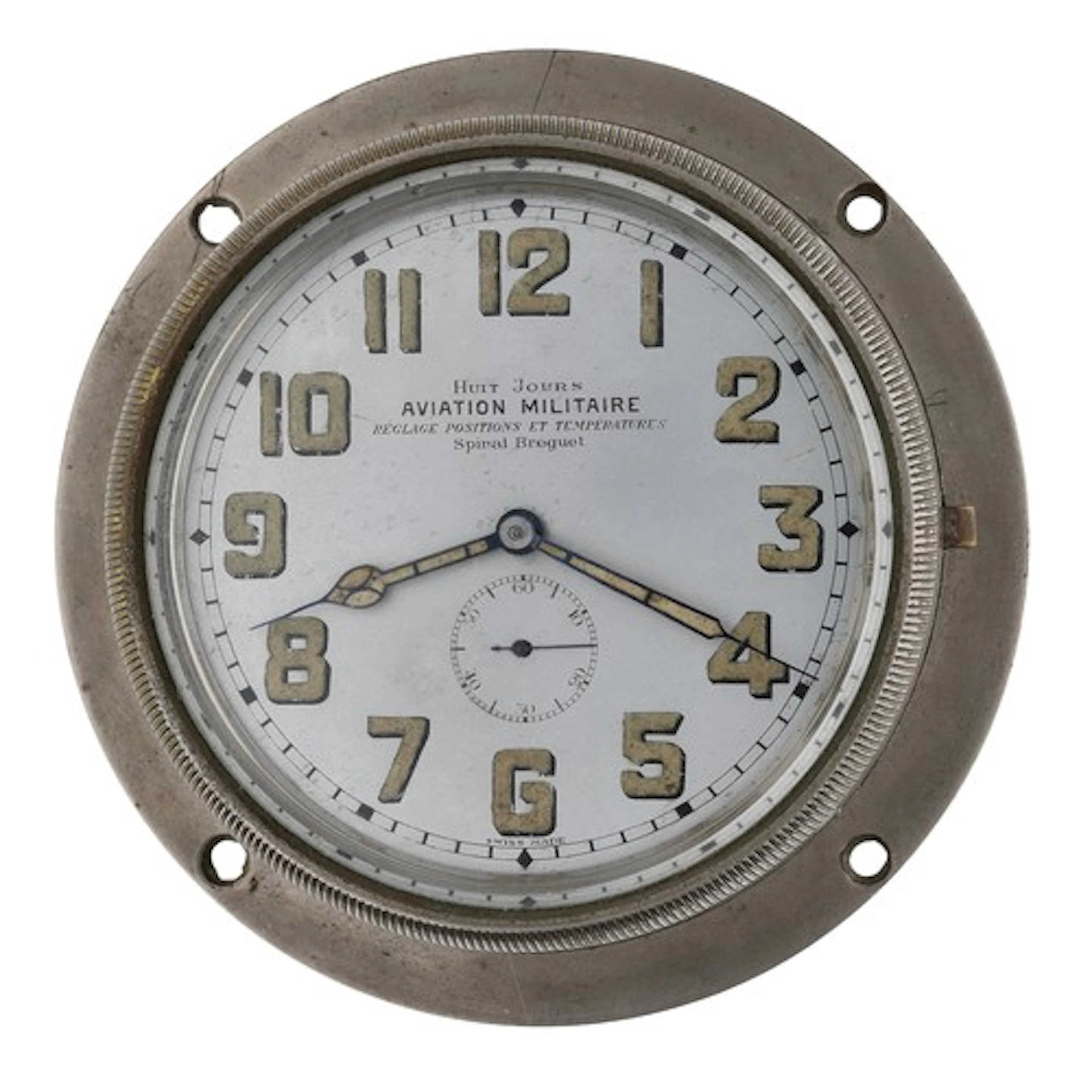 French WWI period 8 Days aircraft clock, 2.75" silvered dial...