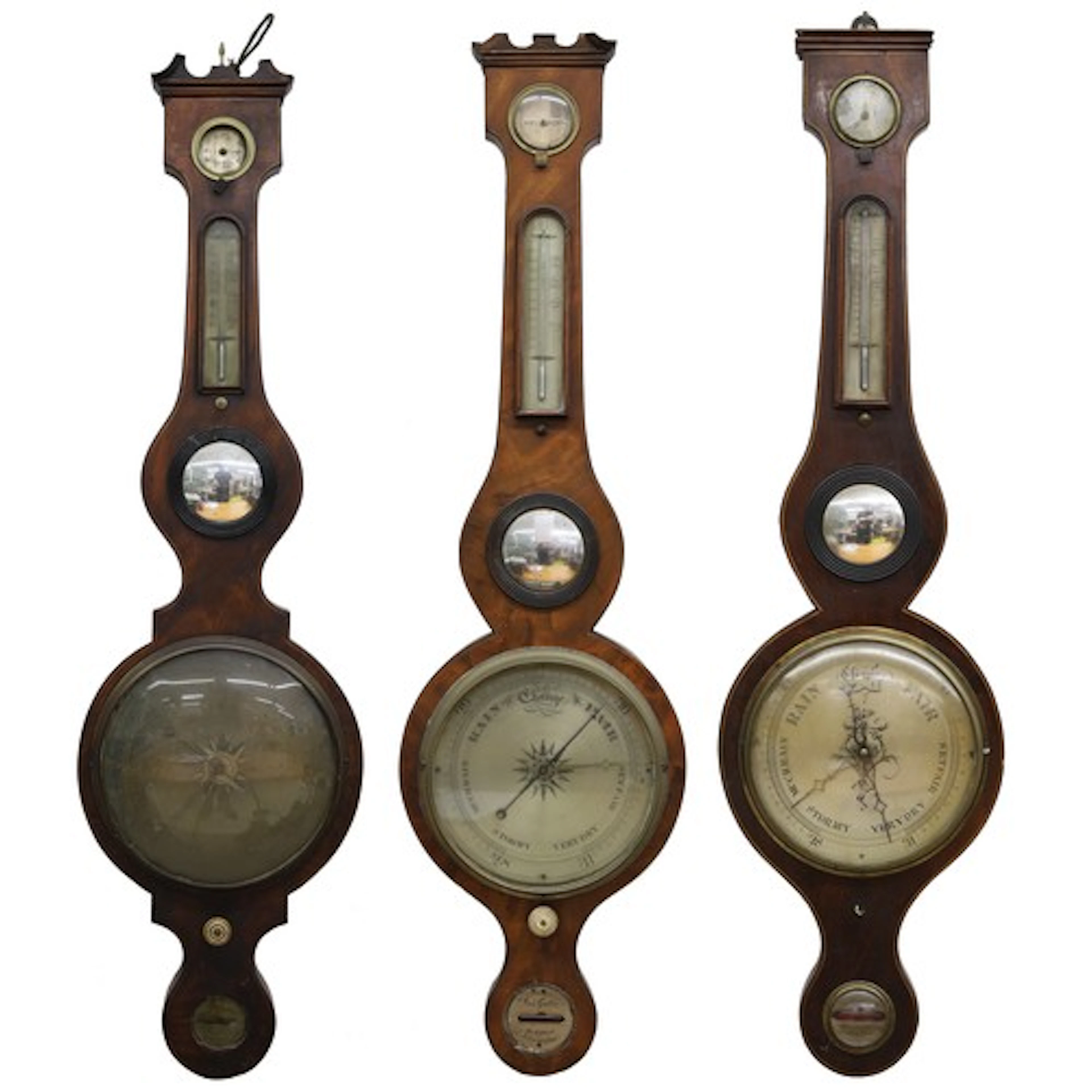 Group of three 19th century inlaid mahogany wheel barometers...
