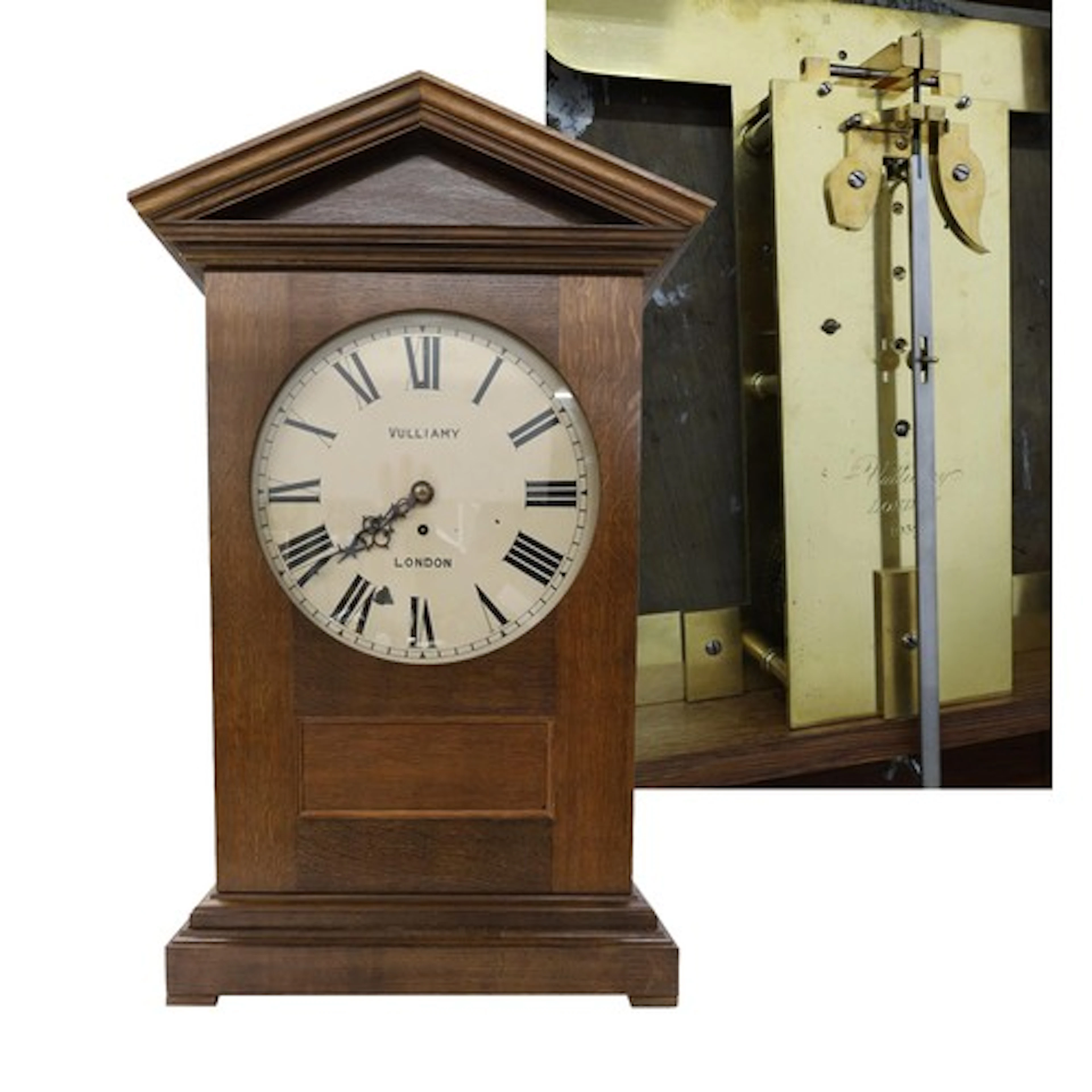Large oak table clock containing a good English single fusee...