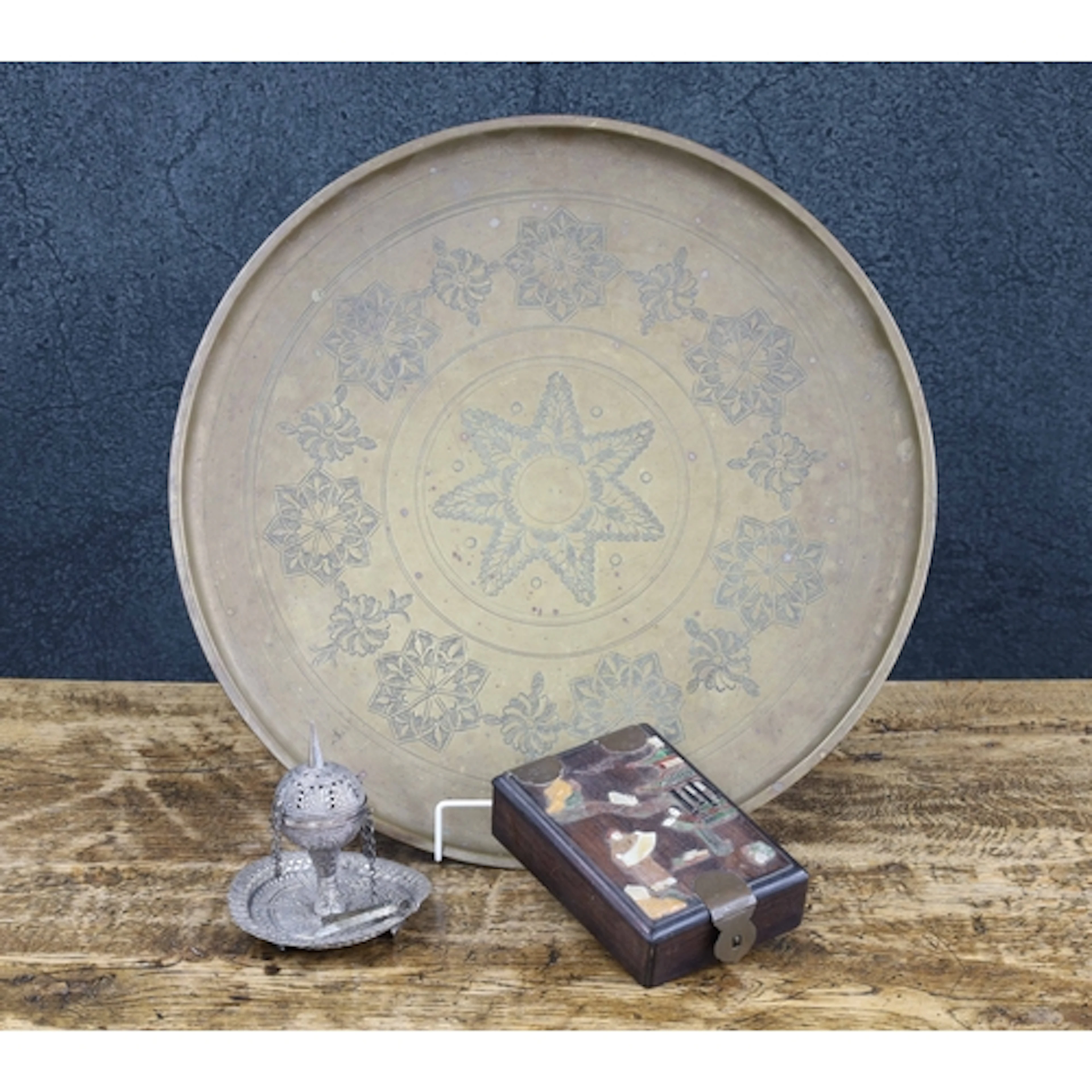 Indian or possibly North African embossed brass tray, 18.5" ...
