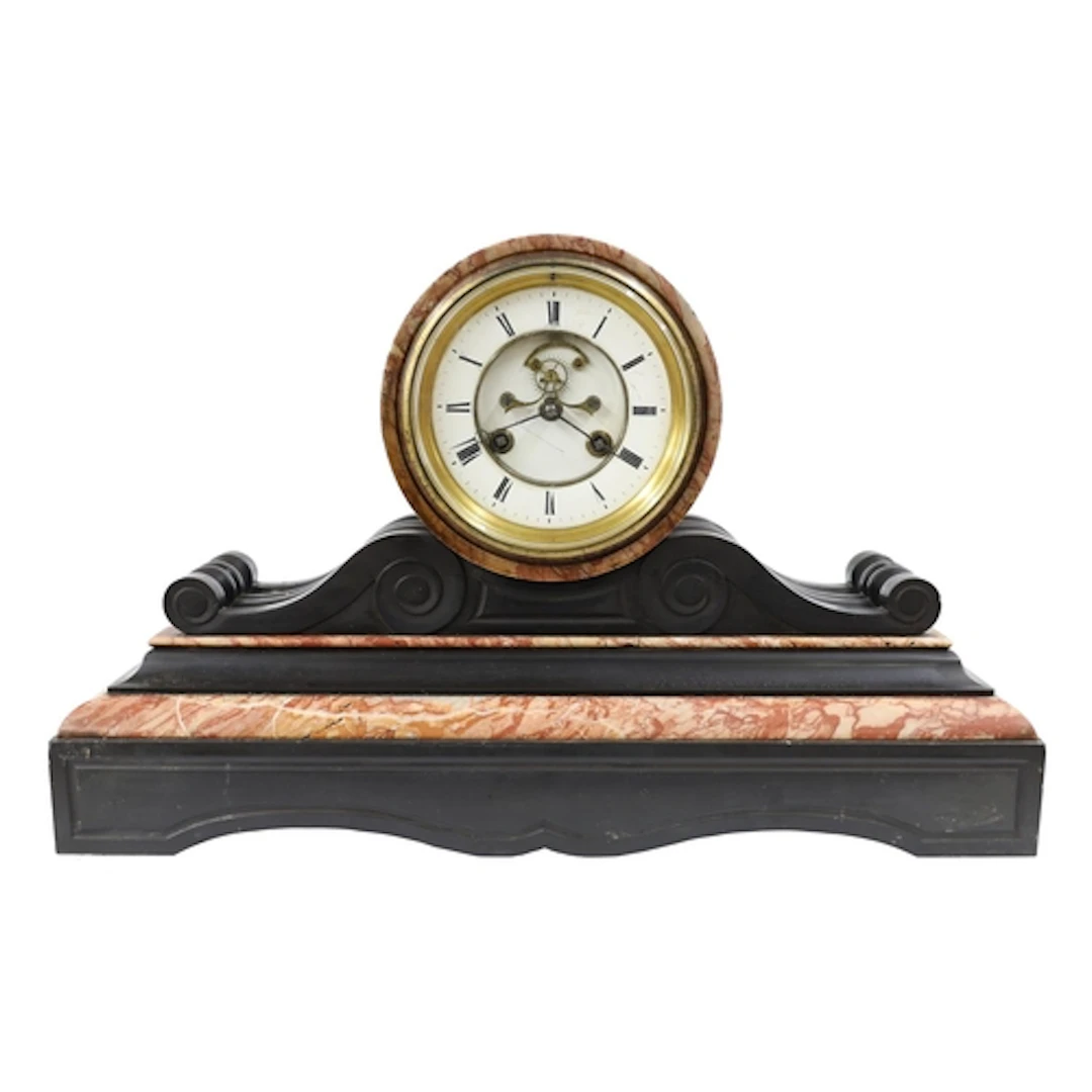 Late 19th century French black slate and rouge marble drumhe...