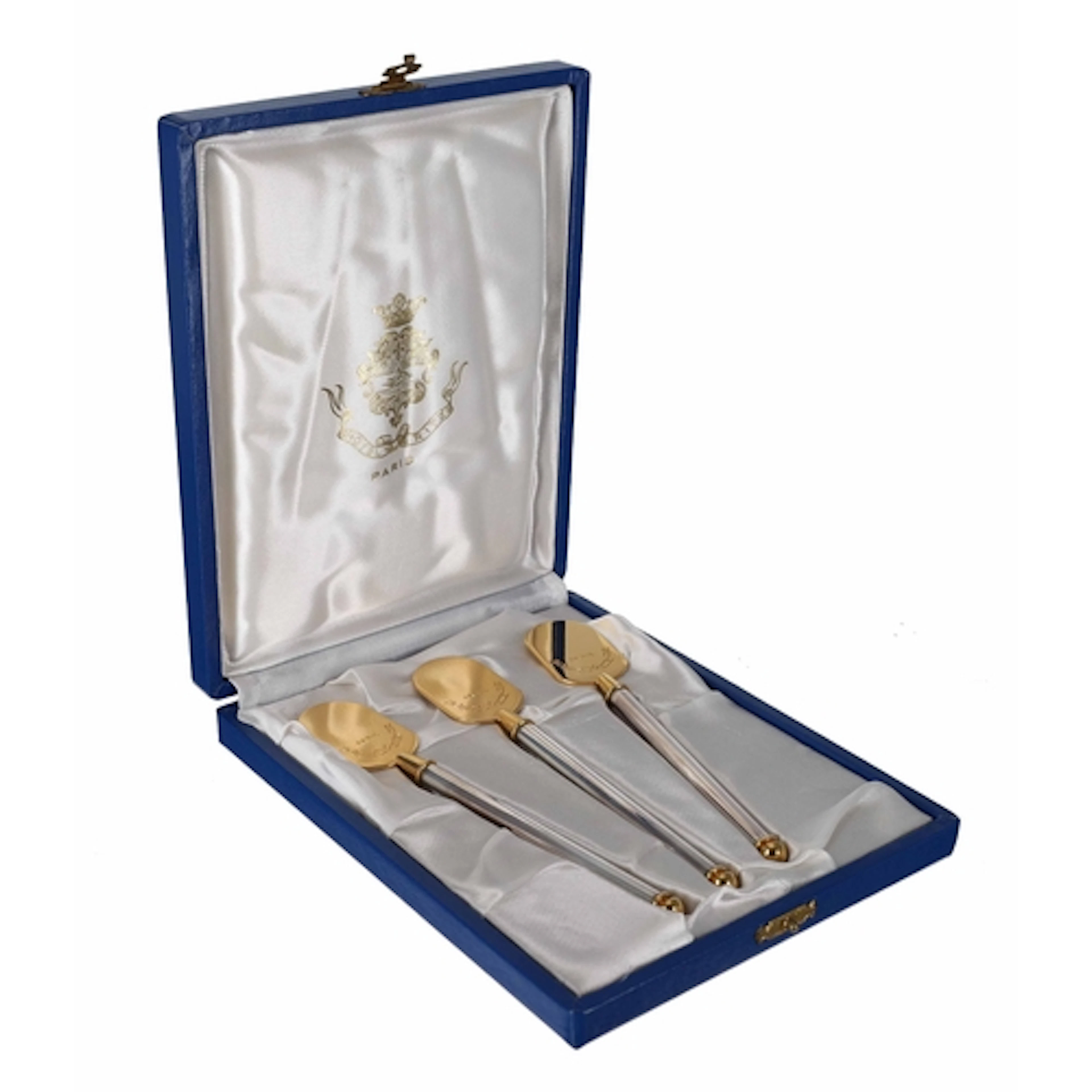 Cased set of three gilt and chrome caviar tasting spoons, in...