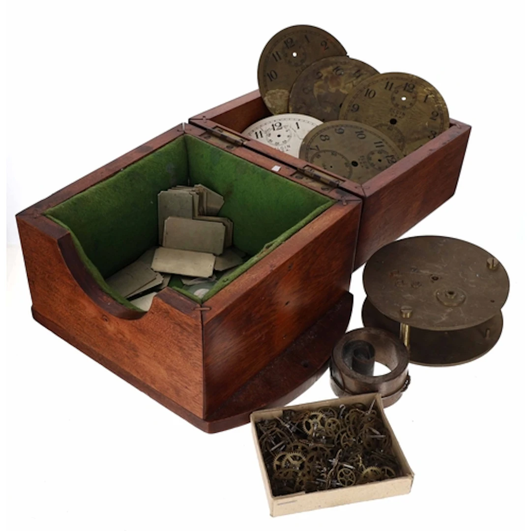 Mahogany marine chronometer case with hinged cover; also fiv...