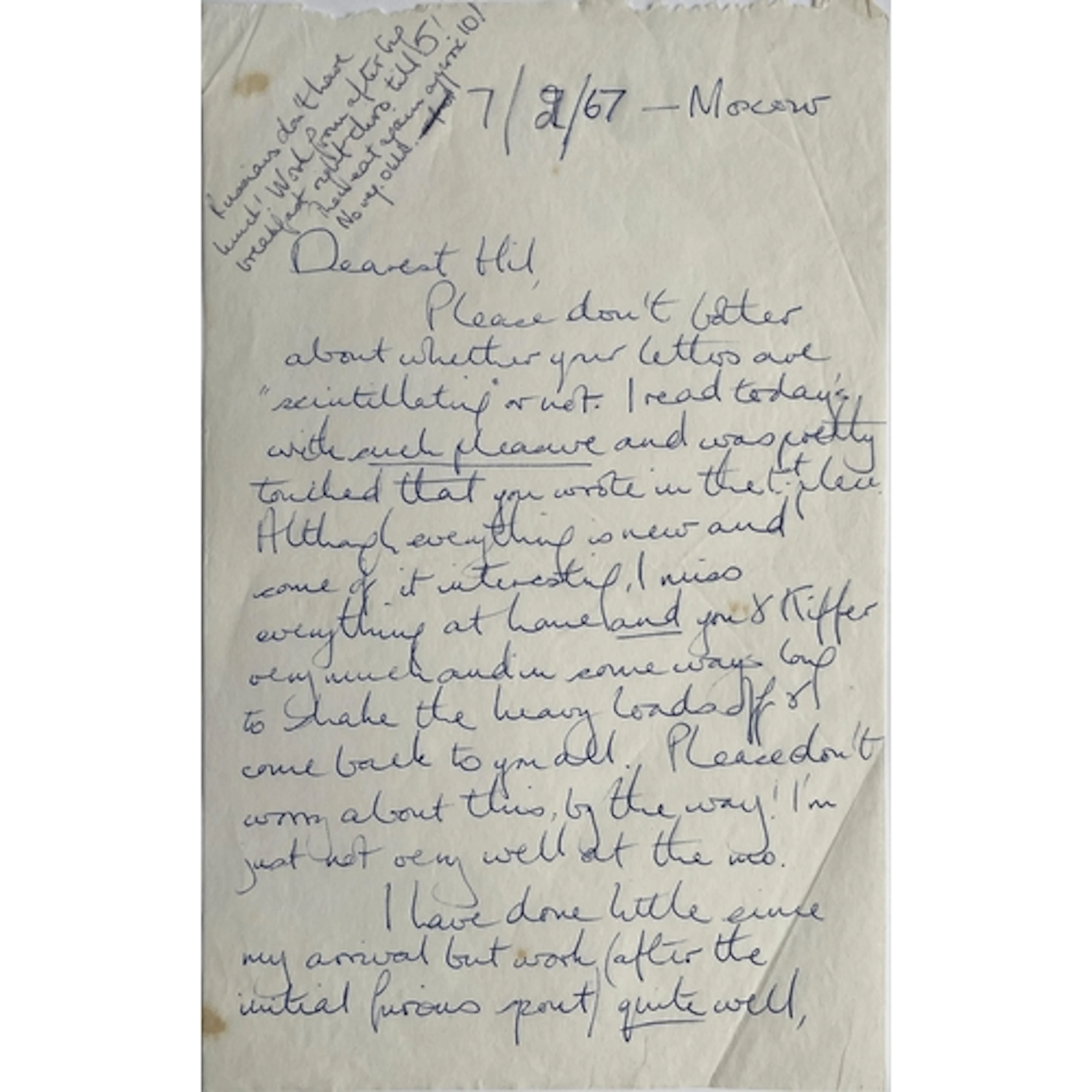 Letter to 'Dearest Hil' from Jacqueline (Jackie [in Russian]...