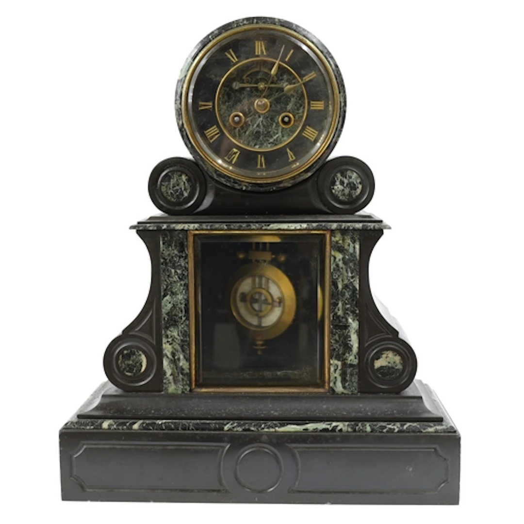 Late 19th century French green marble and black slate drumhe...