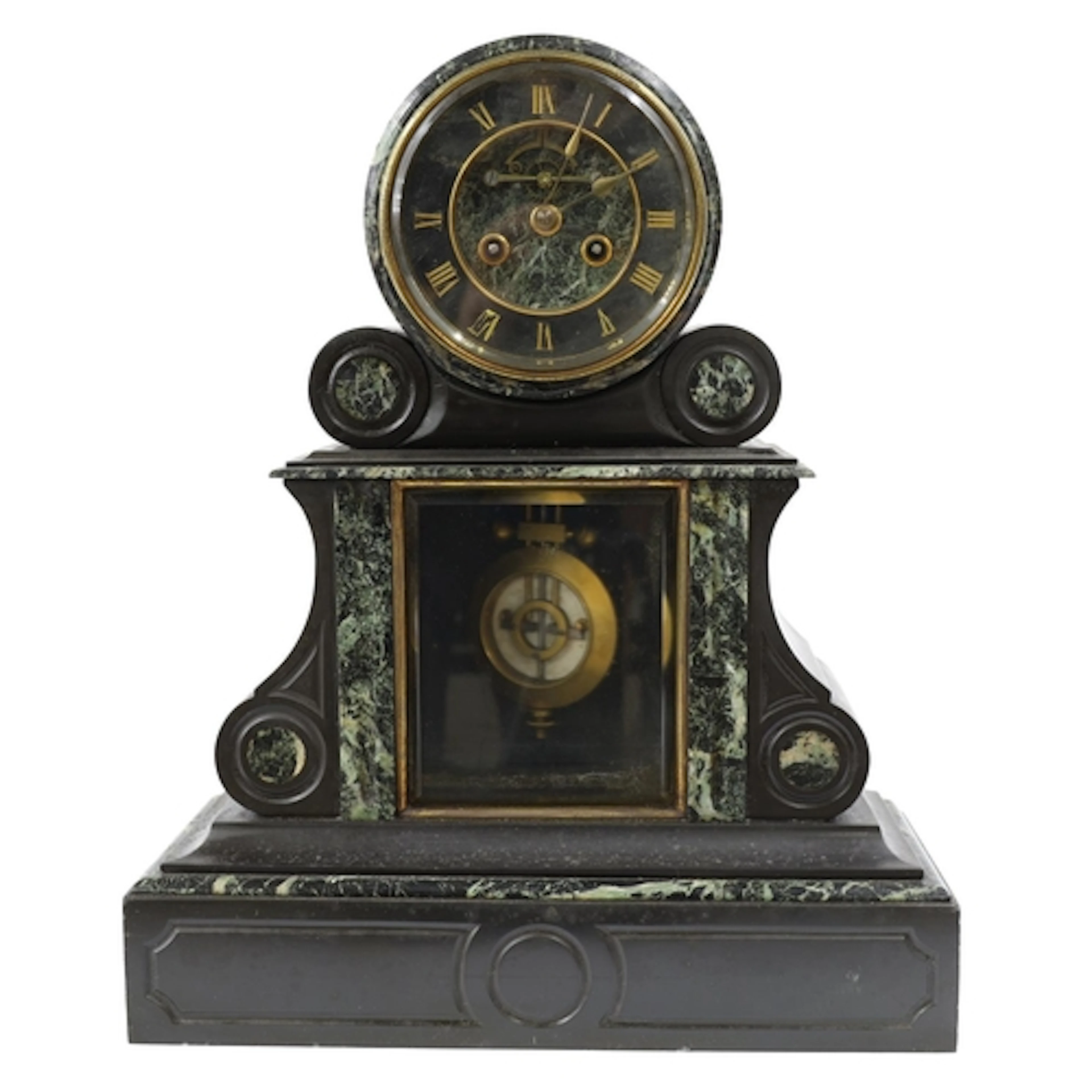 Late 19th century French green marble and black slate drumhe...