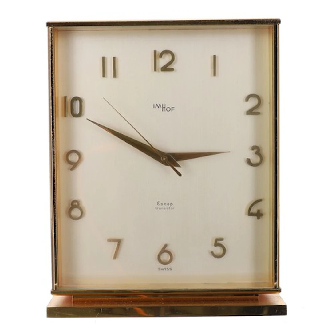 Swiss Imhof Escap transistor brass desk clock, the silvered ...