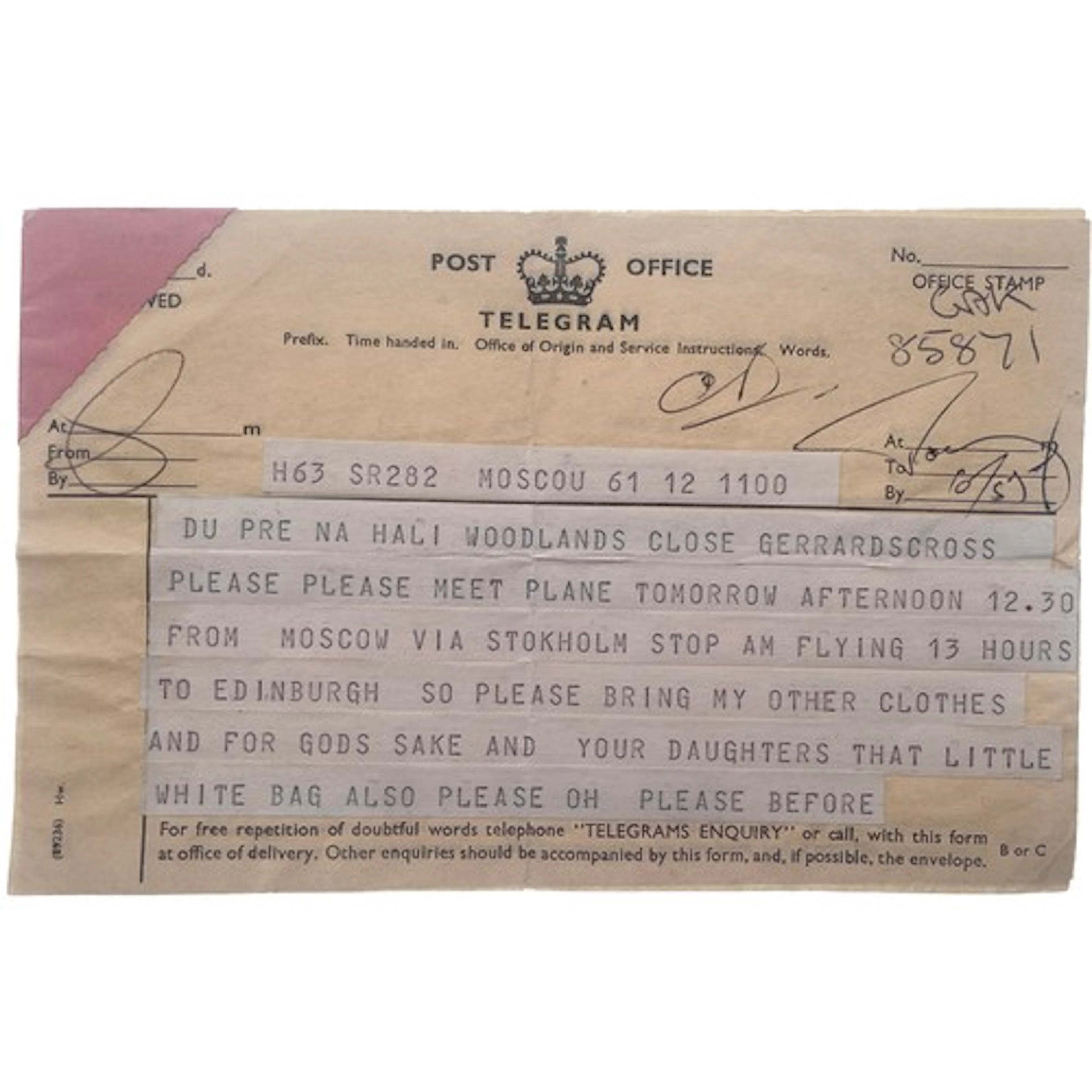 Telegram to DUPRE from Jacqueline (J). No date stamp (ref: M...