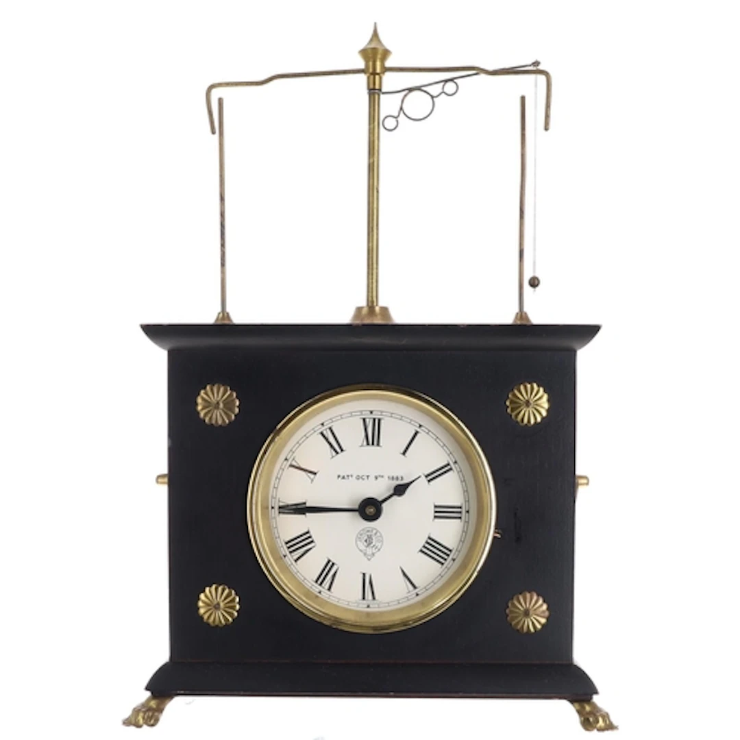 Horolovar ebonised and gilt metal flying pendulum mantel clo...