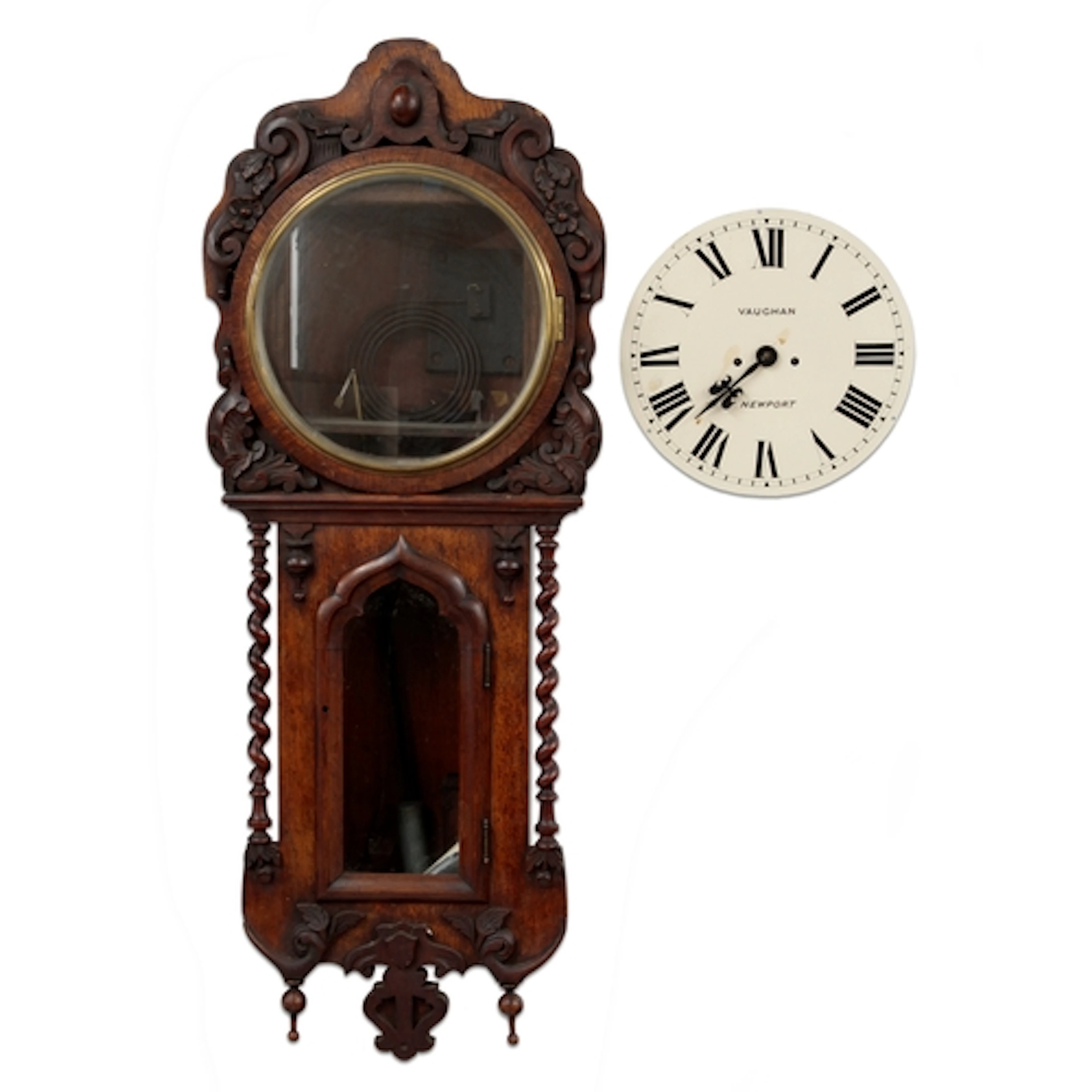Victorian oak twin fusee trunk wall clock, the 12" circular ...