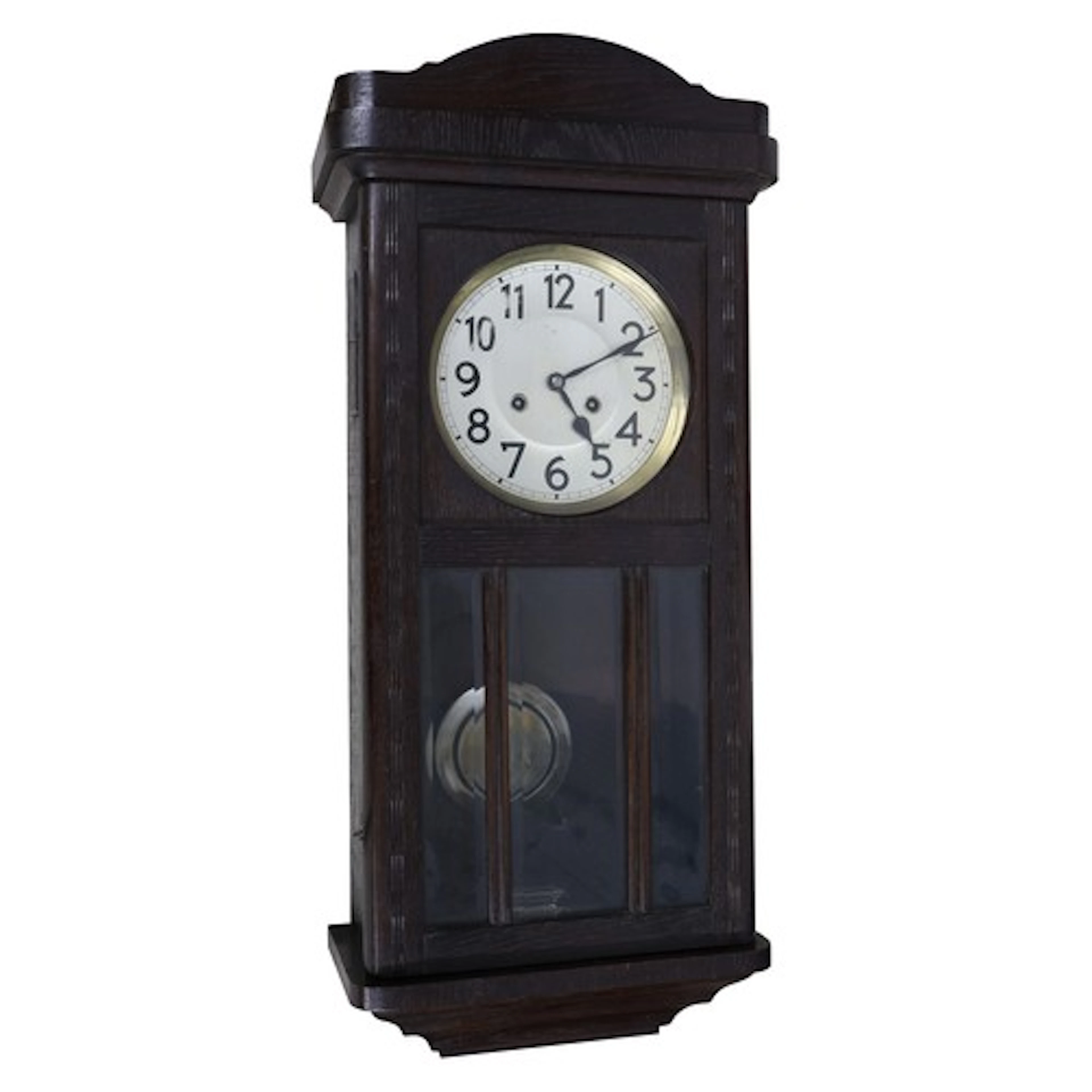 1930s oak two train wall clock with bevelled glazed panels, ...