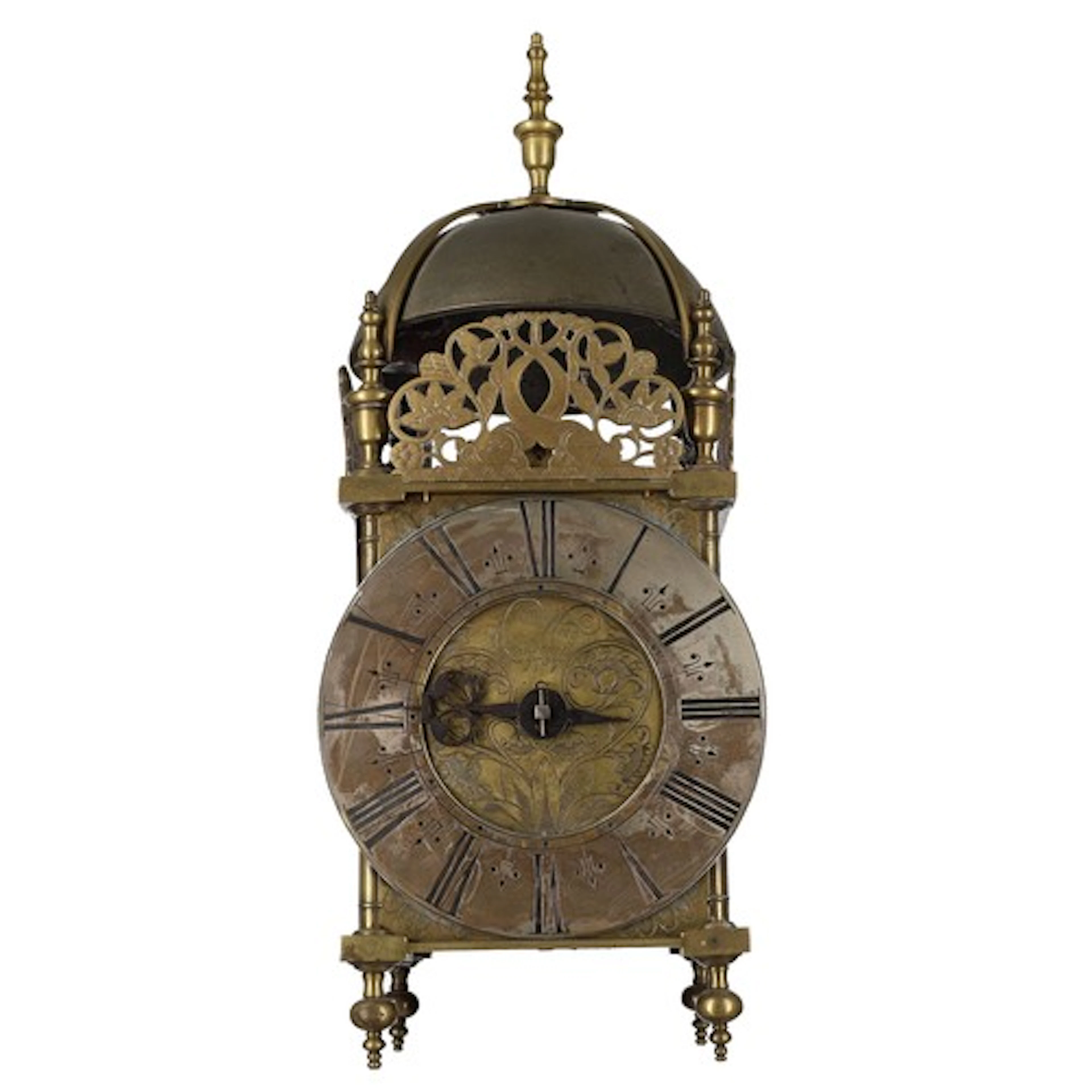 Interesting early English hook and spike brass lantern clock...