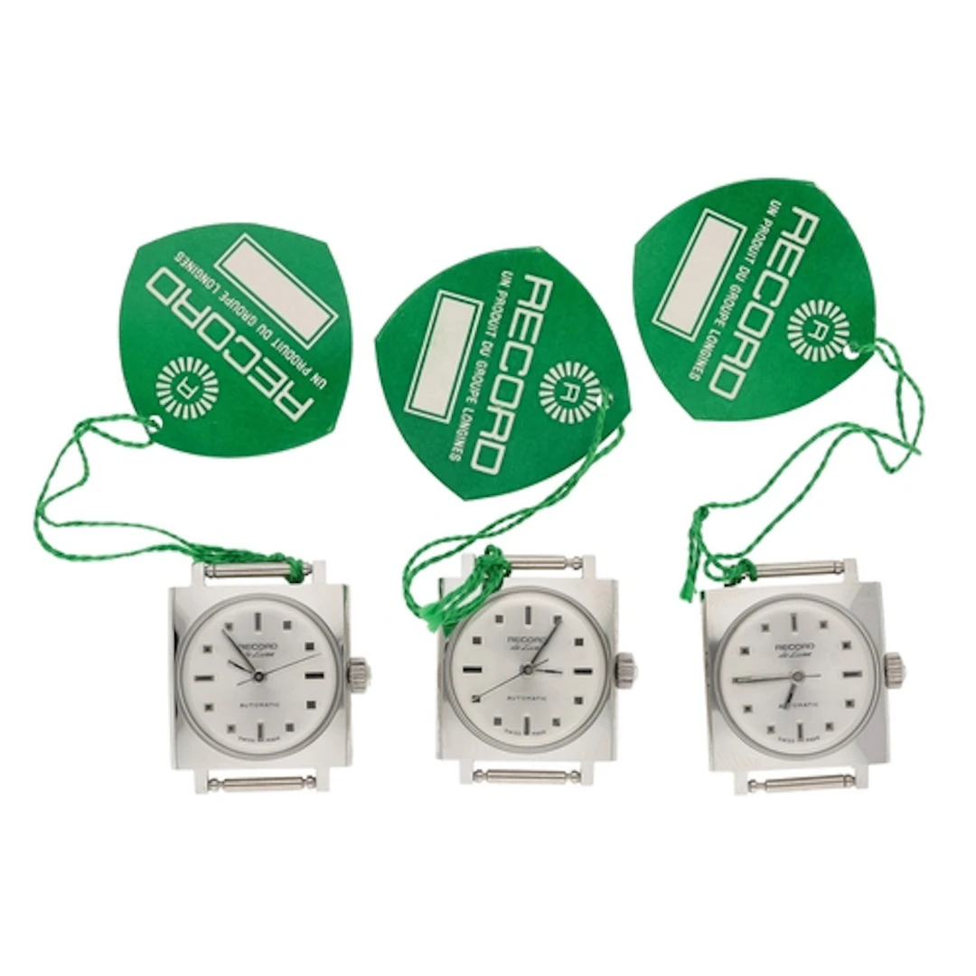Three Record De Luxe automatic square cased stainless steel ...